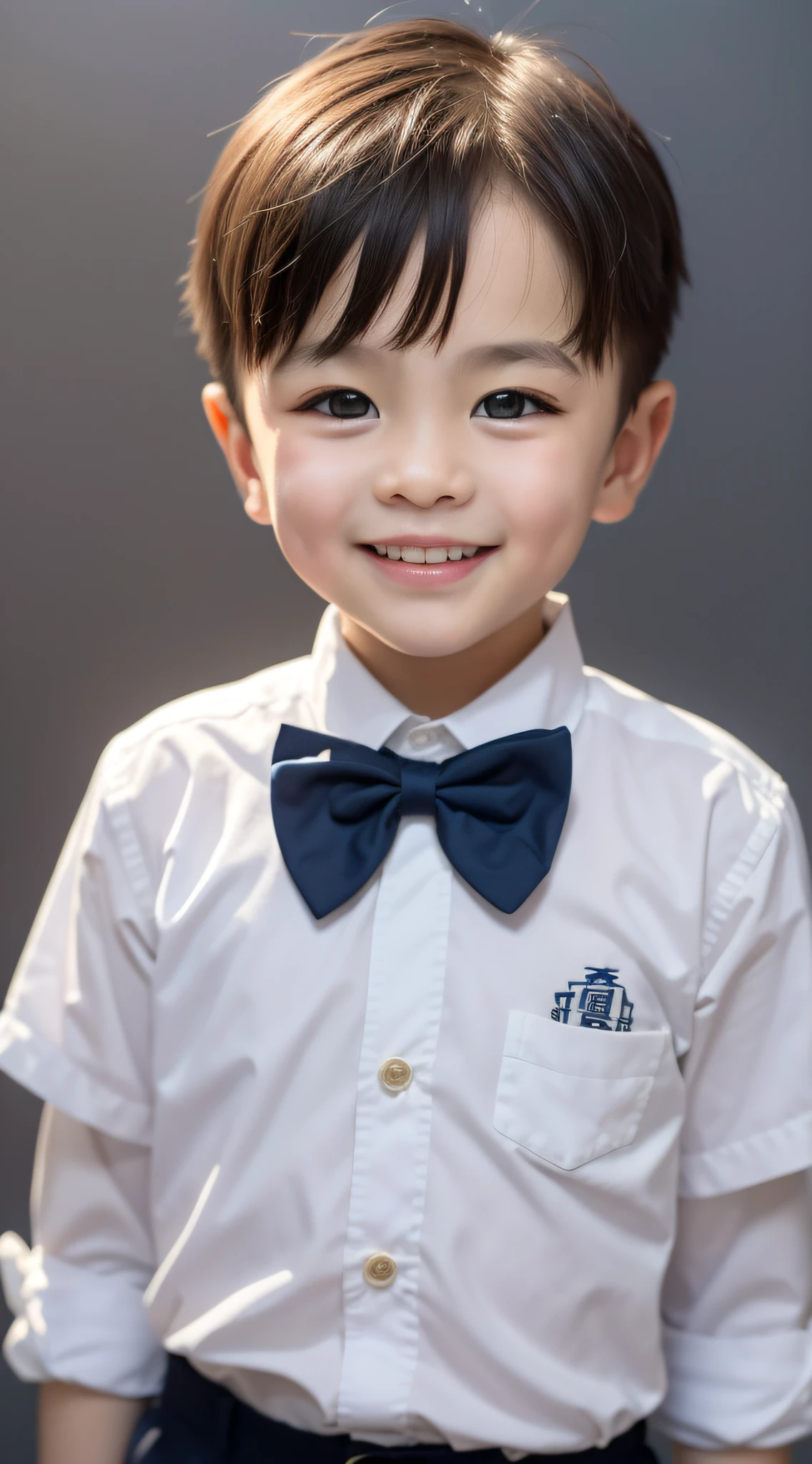 Modern style，White background，Chinese children，handsome，Smiling boy，Dark eyes，flathead，Bow tie，indoor background，8K Ultra Clear，The picture size is 9：16