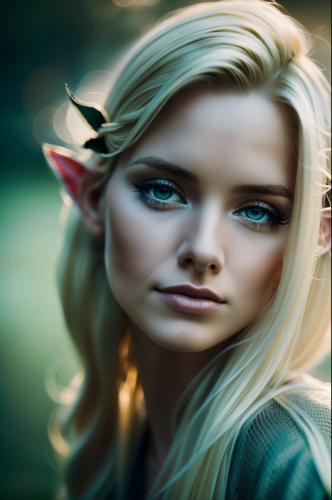 by Alberto Seveso, character in (perfect proportions) and (intricate details:1.2), close up portrait of a (blonde haired:1.2) slightly smiling elf druid woman beauty with (red lips:0.8) with (ocean blue eyes:0.8) and black eyeliner and beautifull normal clothes, natural skin details, film grain, cinematic lighting, natural colors, photo, 8k, dark, dynamic action, pale washed out style, cracked lens, dreamy nostalgic, soft focus, dark vignetting, light leaks, medium photography, gloomy artistic painterly ethereal, whimsical, coarse grain photo