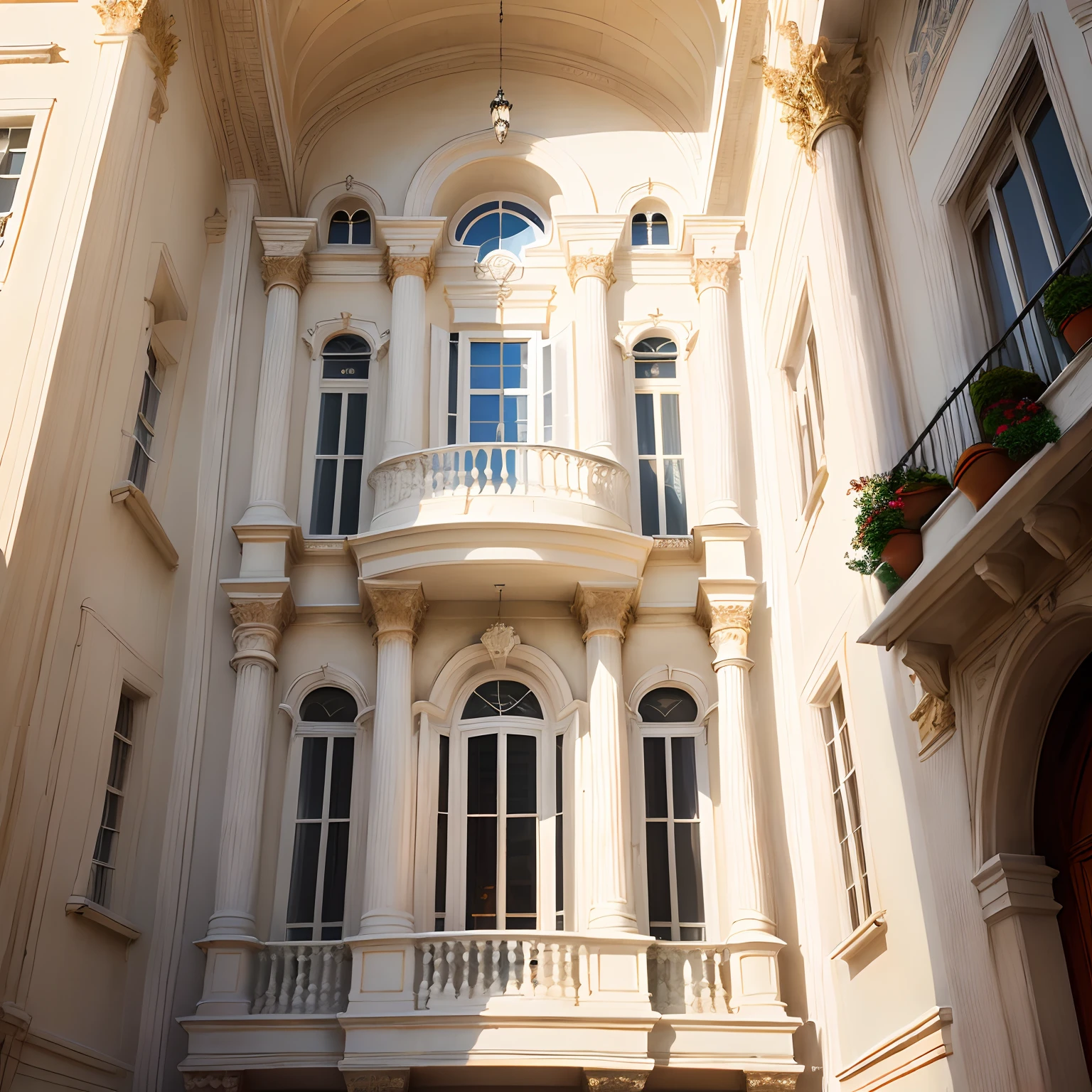 A building with Classic white fecade and big windows and balcony