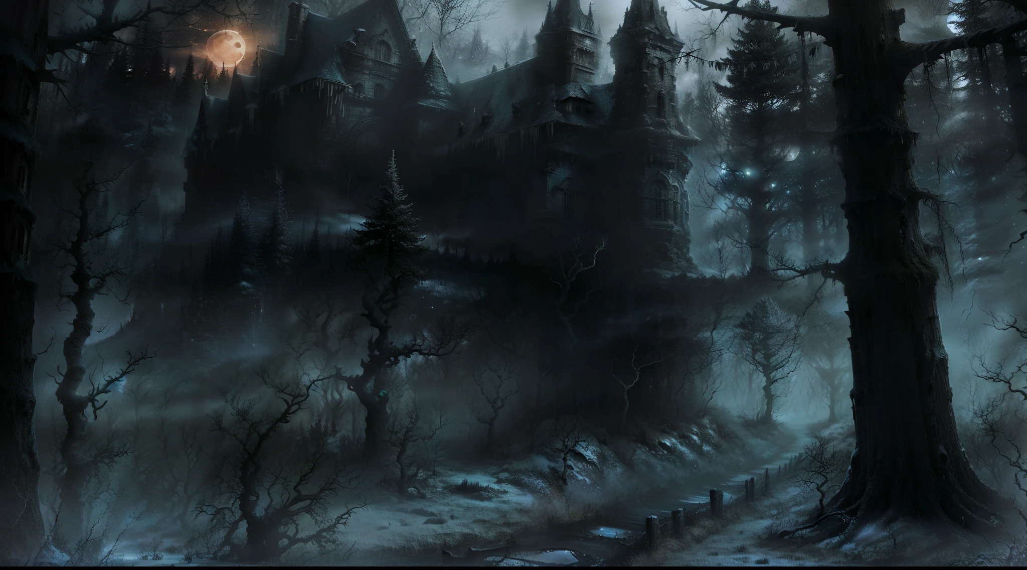 a gloomy forest at night with a bright yellow moon in the sky and fog among the trees and orange lights.