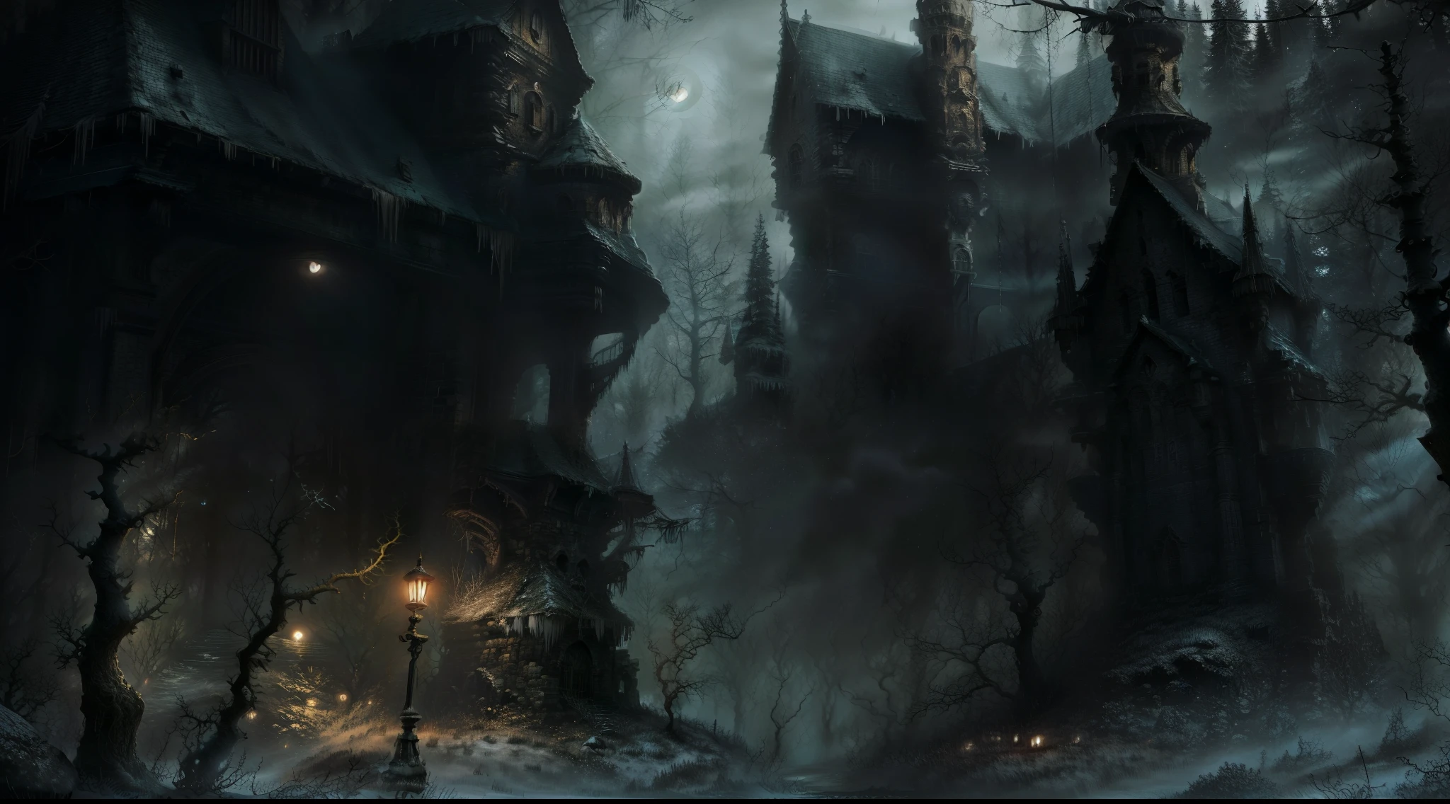 a gloomy forest at night with a bright yellow moon in the sky and fog among the trees and orange lights.