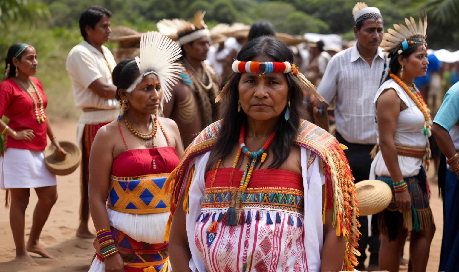 Woman in a colorful dress standing in front of a group of people, Amazonian Indian peoples in Brazil, indigenous, Robe traditionnelle, ethnie, ceremony, porter une tenue authentique, wear traditional clothing, Danse tribale, Une jeune femme chaman, Aboriginal Capirote, Costume traditionnel, Porter des tatouages shipibo, Traditional clothing, tribal clothing, Traditional clothing