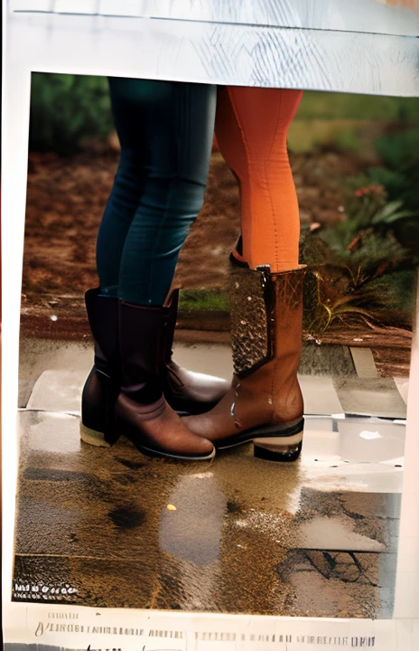 There are two people standing in the rain with boots, usa botas marrons, riding boots, Botas!!!!!!, jeans and boots, ela usa botas, usando botas, Botas, Standing in the rain, botas marrons, botas de cowboy, joelhos enfiados | Chuvas, Photo Session, Queridinho lavar na chuva, illustration!, foto editorial da revista, Vindima granulada