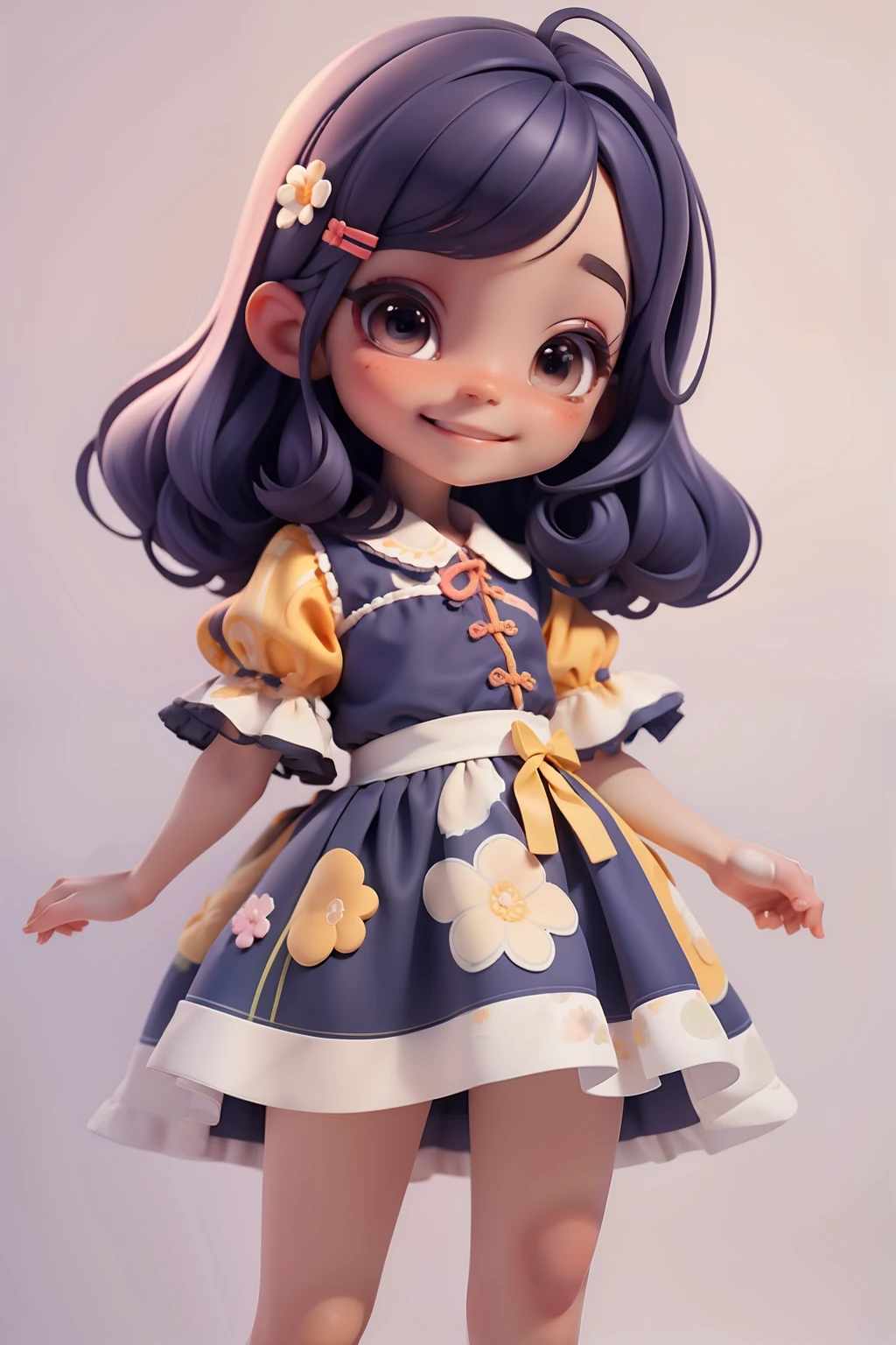 Loli menina, roupa floral em aquarela , menina meiga, olhos delicados, cabelo e roupa laranja e preto, sorriso delicado, fundo simples e branco