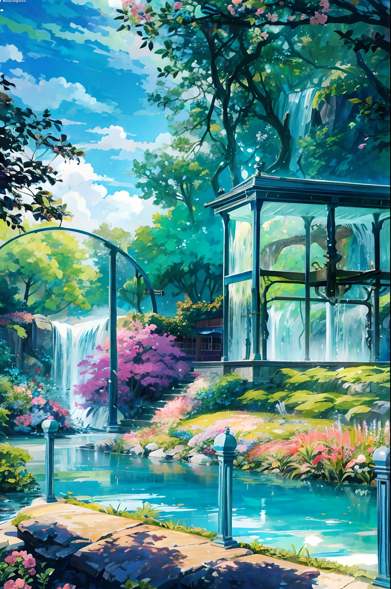 anime scenery of a garden with a waterfall and a gazebo, anime background art, beautiful anime scenery, anime scenery, anime nature wallpap, anime beautiful peace scene, anime background, beautiful anime scene, colorful anime movie background, anime countryside landscape, anime nature, anime scenery concept art, scenery artwork, flowers and waterfalls, anime landscape, anime landscape wallpaper, floral environment
