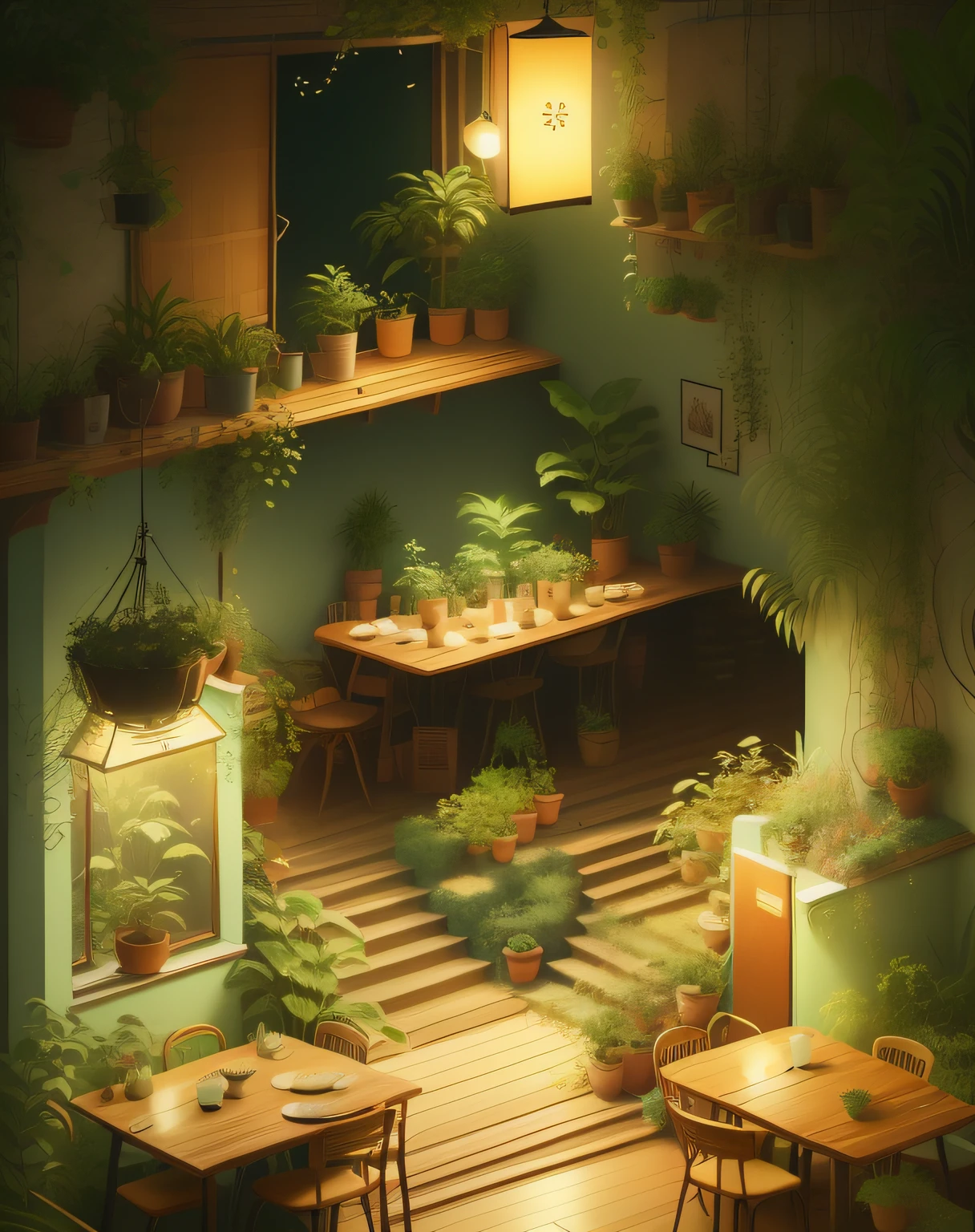 There are many tables and chairs in a room with plants, cozy cafe background, Arte Lofi, plantas exuberantes e lanternas, ZERO, lo-fi illustration style, Elogio Artstyle, sala cheia de plantas, tea ceremony scene, plantas em todos os lugares, arte de fundo do anime, anime exuberante john 8k madeiras, arte conceitual relaxante, Atey Ghailan 8 K