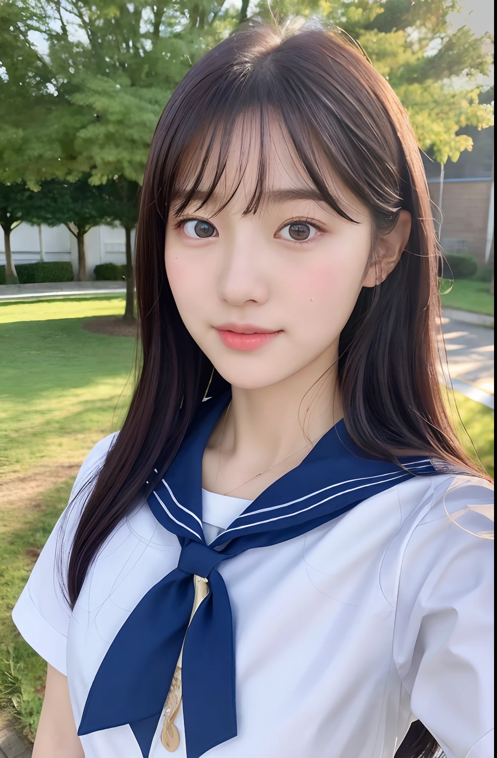 Close up portrait of woman walking in park in sailor suit、Japan Person Model、Young Sensual Gravure Idol、Young cute gravure idol、Realistic Young Gravure Idol、Realistic sensual gravure idol、Young gravure idols、sophisticated gravure idol、奈良美智、Young skinny gravure idol、beautifull asian girl ever、oppai、ulzzang-6500-v1.1, (Raw foto:1.2), (Photorealsitic), a beautiful detailed girl, extremely detailed eye and face, beatiful detailed eyes, huge filesize, (huge tit), hight resolution, ighly detailed, top-quality, [​masterpiece:1.6], [JK school uniform], illustratio, ighly detailed, CG, finely detail, top-quality, Highly detailed CG uniform 8k wallpaper, Cinematographic lighting, 1girl in、17 age、Cute Japan high school girl、perfect body type、[The front of the white school blouse is unbuttoned.、Bra visible]、large, taut chest、[huge-breasted、heavy breasts、H-cup:1.9]、Cute droopy eyes、Beautiful big eyes、White School Blouse、no-bra、Sweating and getting wet、[sexual excitement:1.1]、[lyin in bed:1.5]、Raise both hands、School uniform ribbon around neck、A slight smil、(the whole body is wet)、Shining eyes