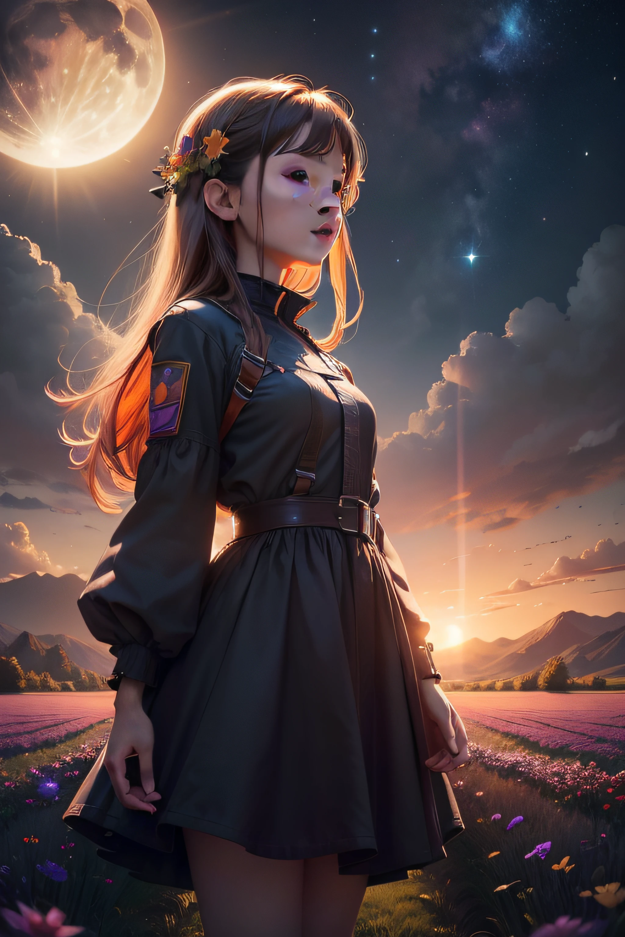 Wide landscape photo, (view from below, sky above, and open field below), girl standing on a flower field and looking up, (full moon: 1.2), (meteor: 0.9), (nebula: 1.3 ), distant mountains , Trees BREAK Crafting Art, (Warm light: 1.2), (Firefly: 1.2), Light, Lots of purple and orange, Complex details, Volumetric lighting BREAK (Masterpiece: 1.2), (Best quality), 4k, Ultra-detailed, (Dynamic composition: 1.4), Rich in detail and color (Rainbow Color: 1.2), (Glow, Atmospheric Lighting), Dreamy, Magical, (Solo: 1.2)