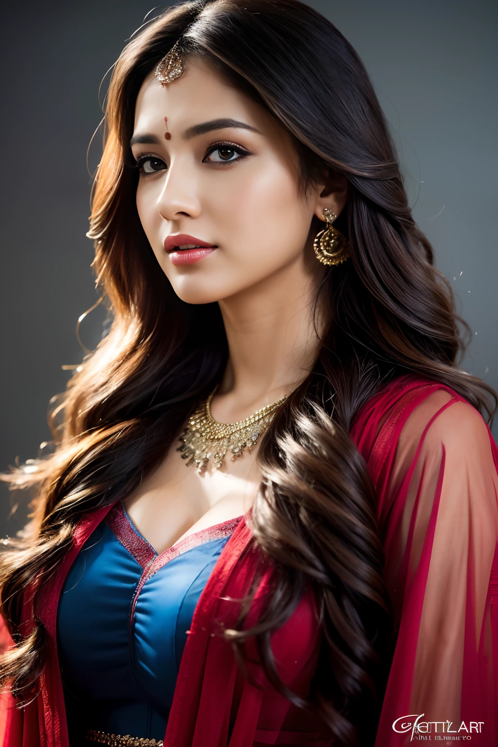 Portrait of A confident-looking indian  woman with long flowing hair, hazel eyes, with flowing capes, perfect composition, hyperrealistic, super detailed, 8k, high quality, trending art, trending on artstation, sharp focus, studio photo, intricate details, highly detailed, art by greg rutkowski