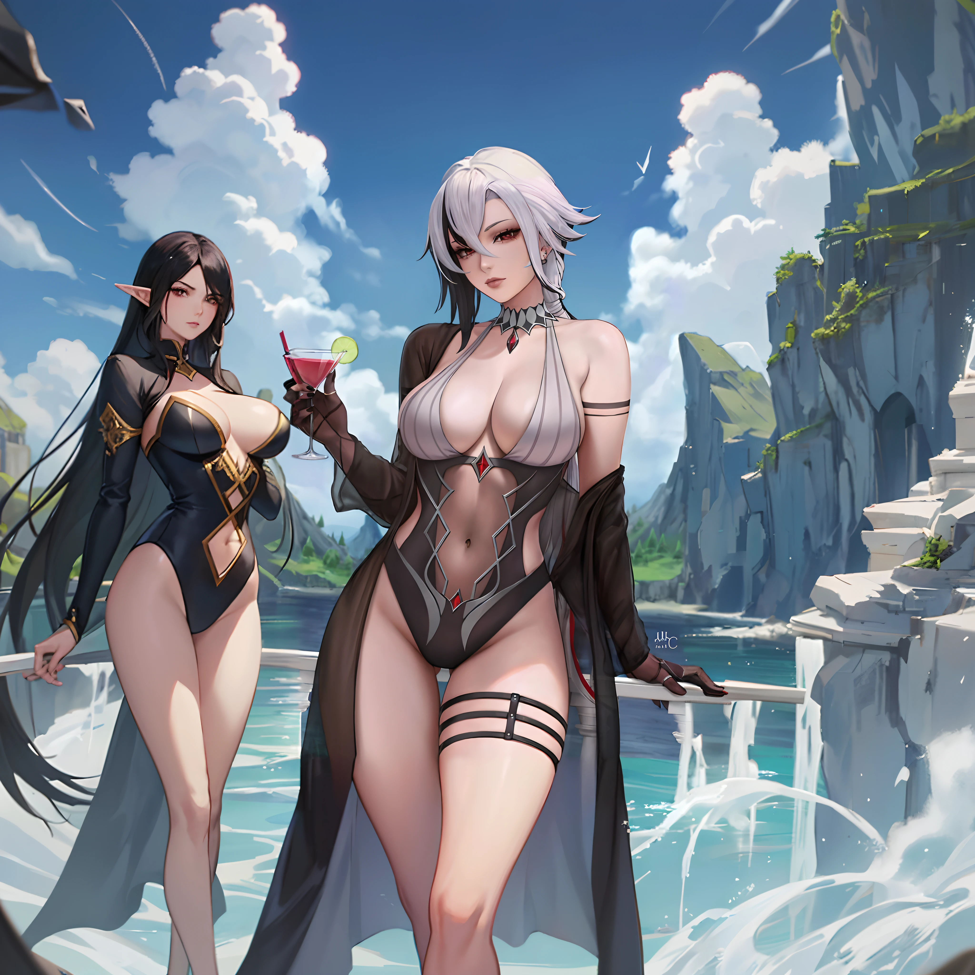 a cartoon image of a woman with a drink in her hand, black - haired mage, commission for high res, extremely detailed artgerm, highly detailed exquisite fanart, fiora from league of legends, v from devil may cry as an elf, with a drink, beautiful alluring anime woman, yennefer, oc commission, detailed fanart