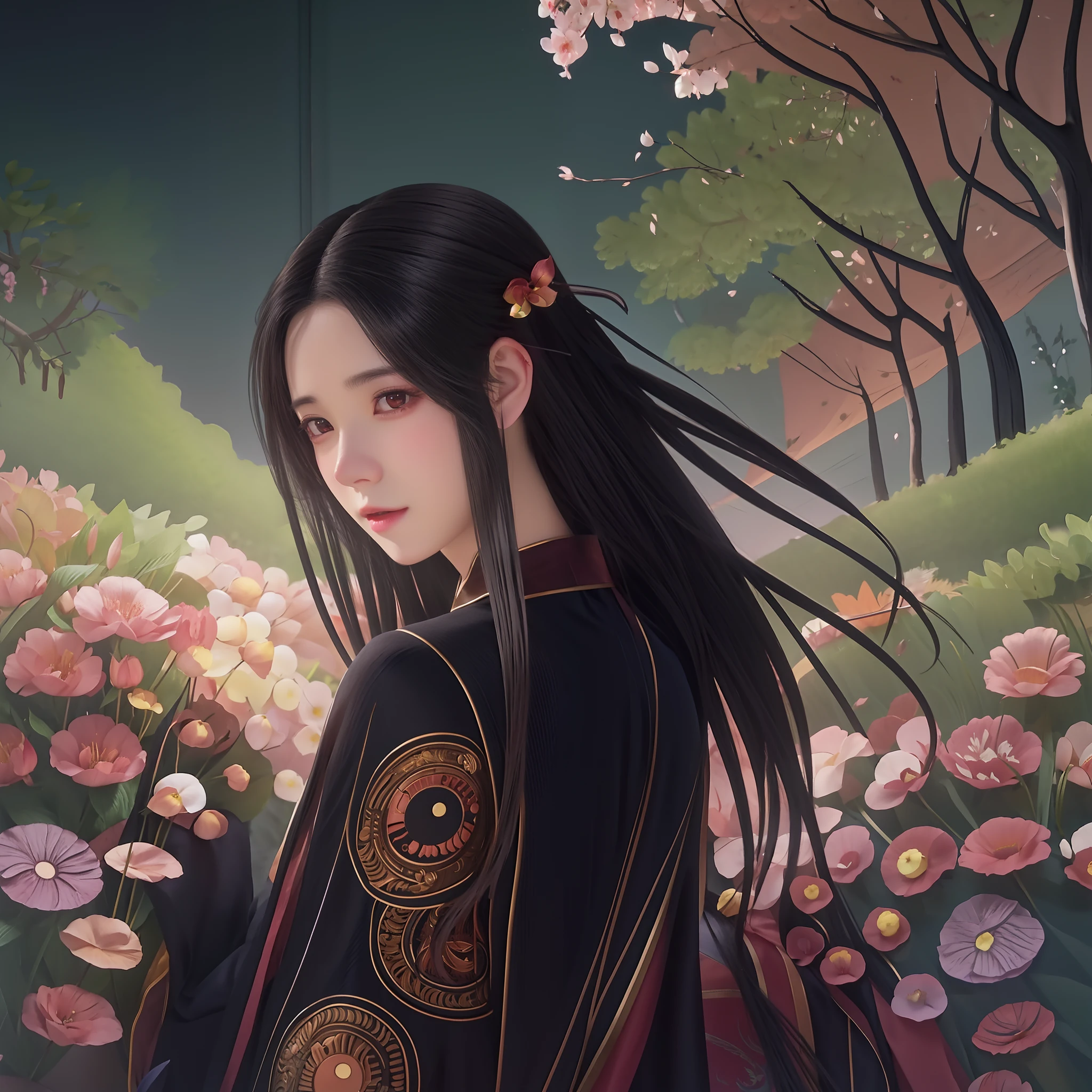 Menina anime com cabelo preto longo em um campo de flores, a beautiful artwork illustration, Beautiful digital illustration, exquisite digital illustration, Digital anime illustration, bela arte digital, No Bowater Art Style, Directed by: Jin Nong, bela arte digital, stunning digital illustration, pintura de personagem bonita, inspirado em Guan Daosheng, inspirado em Yun Du-seo, anime fantasy illustration.