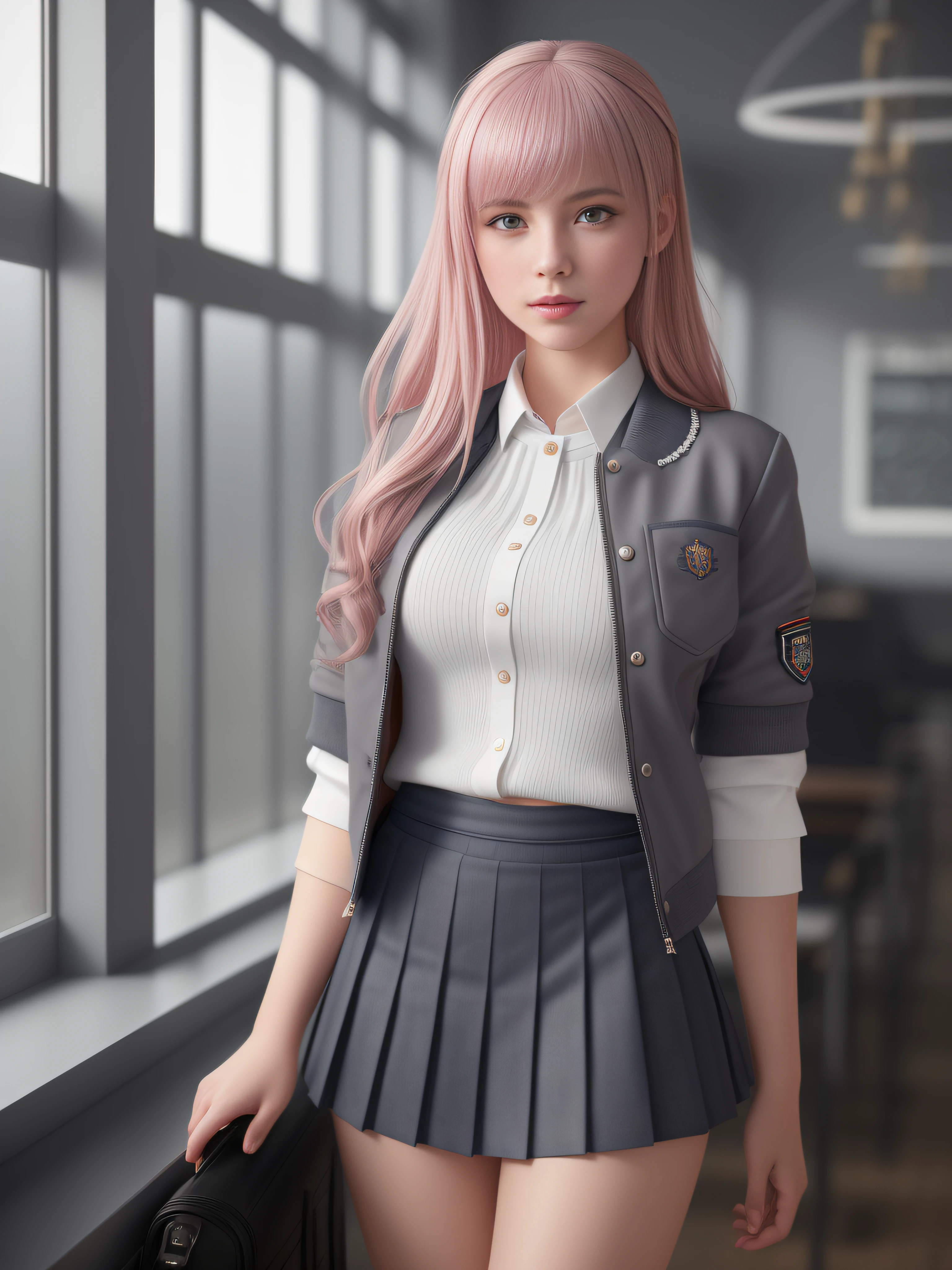 A 17-year-old European schoolgirl, in high school on a winter day, /((pink hair, perfectly ultra-detailed almond-shaped red eyes, white skin, thin lips, thin nose, tapered hands, highly detailed perfect fingers, hourglass body, perfect hips, small waist, shapely legs, sexy)), /((Schoolgirl uniform: gray mini-skirt with pleats, white short-sleeve blouse, gray sweater, dark blue jacket)), hyperdetailed painting, luminism, Bar lighting, complex, 4k resolution concept art portrait by Greg Rutkowski, Artgerm, WLOP, Alphonse Mucha, high definition, cinematic, neoprene, behance contest winner, portrait featured on unsplash, stylized digital art, smooth, ultra high definition, 8k, unreal engine 5, ultra sharp focus, intricate artwork masterpiece, high definition, Luminous Studio graphics engine,