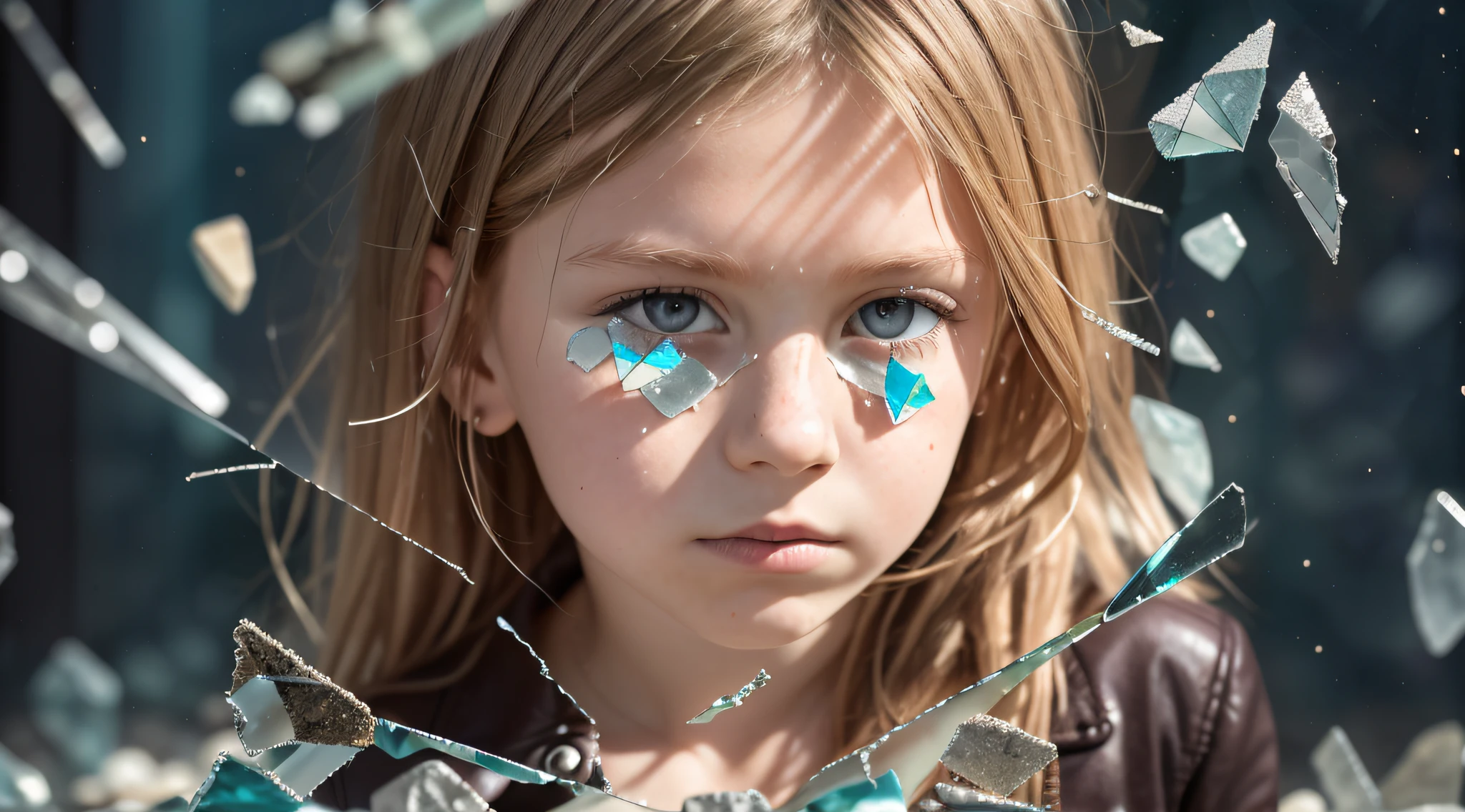 GIRL Russian child with 10 years, blonde long hair, closeup, in a black leather jacket, a closeup of a broken glass window with a black background, shattered glass, broken glass, broken glass ( (sun rays) ), glass breaking, vivid broken glass, a million shards of broken glass, photo of broken glass, shards of glass strewn about, shards of glass, broken, cracked glass, sharp glass shards, composition of broken mirrors, broken mirror