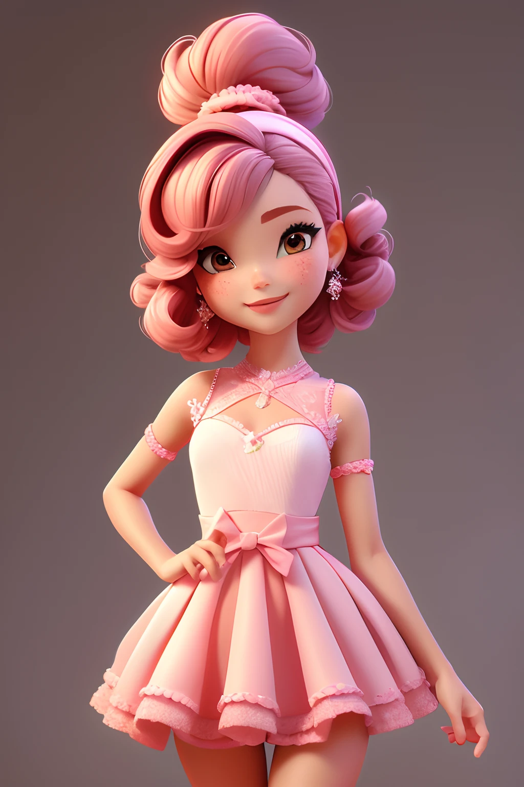 3dcharacter, 1 menina, mulher adulta das Maldivas, sardas, hazelnut eyes, frohawk rosa, jammers, (corpo inteiro: 1.2), fundo simples, obra-prima, melhor qualidade, (fundo gradiente de ameixa clara: 1.1), usando vestido longo com detalhes em renda, saldo alto com detalhes brilhantes, cabelo longo