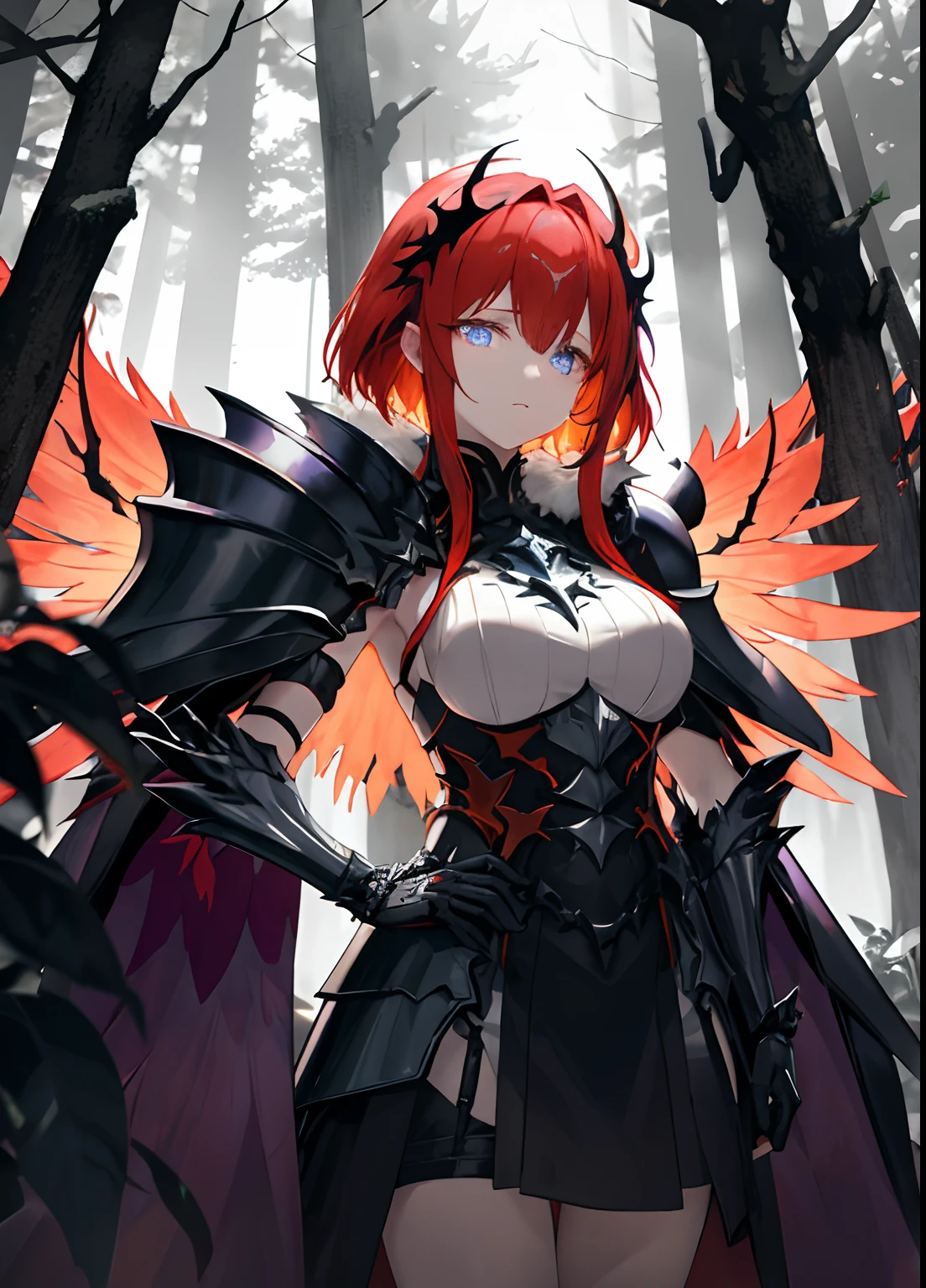 Dimly lit forest clearing: Surtr from Arknights with bright red hair and purple pupils, clad in worn-out heavy metal armor. Beside her, a short-haired blonde in angelic armor reminiscent of Angewomon, with sorrowful blue eyes and drooping rainbow wings. Overcast ambiance.