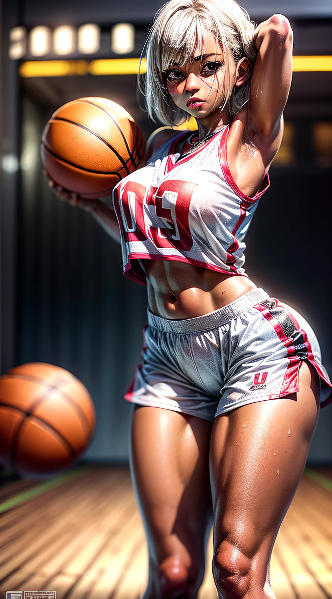 1girl, large, full breasts, small waist, big ass, ((full body)), athletic body, well distributed body, ((dark skin tone)), (white hair), short hair, muscles, light brown eyes, extremely detailed eyes, beautiful eyes, sweaty, tired, satisfied, ((side boobs basketball shirt)), ((clawed micro shorts)) , necklace, basketball court, (masterpiece, best quality, high resolution, ultra detailed), night, depth of field, low angle, bottom view, rear view, (incredibly detailed and expressive image)