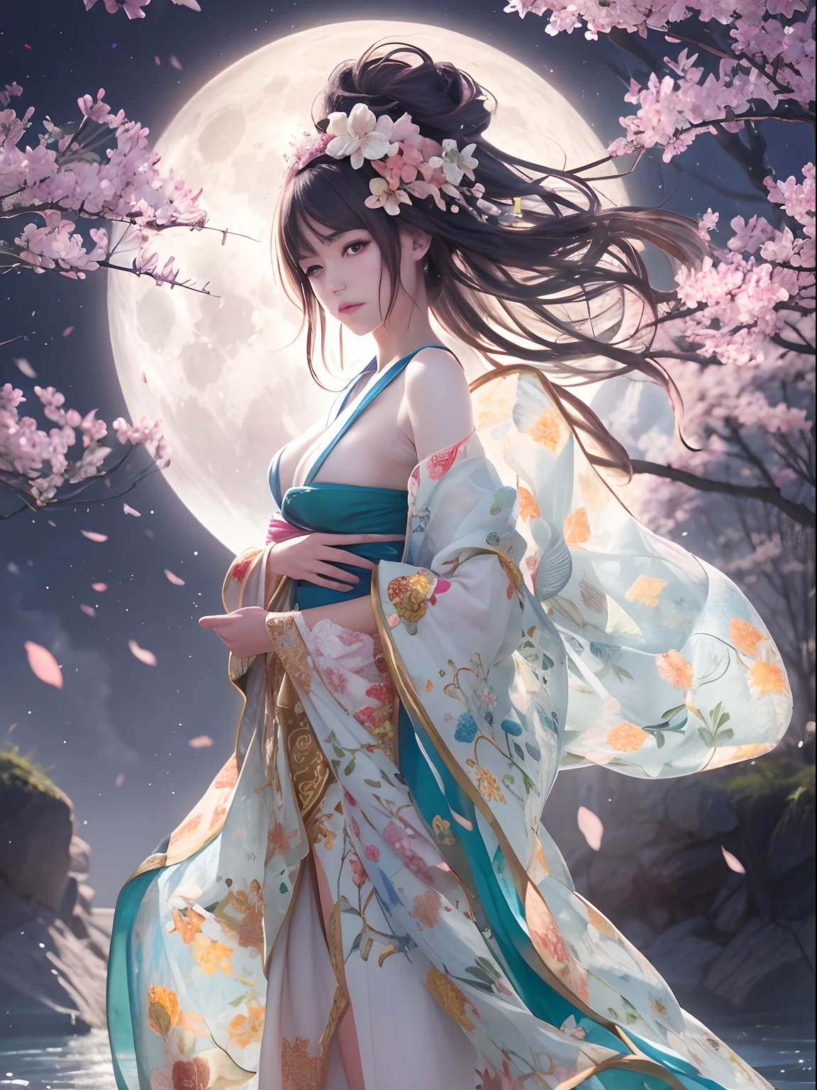 loose outfit、Show shoulders、How to wear a broken see-through kimono、Decorated with intricate patterns and bright colors、Transparent material that makes the skin shine、Artistic depiction of seductive woman in kimono with wet thin cloth and transparent skin, Floral and fantastic pattern with flowing silky traditional see-through skin。Her dress draped elegantly around her curvaceous figure、Emphasizes her charming silhouette。She's a gentle fireworks night、Dynamic Posing、Sexy Posing、bathed in the soft glow of moonlight。The scene is、With a hint of mystery and sensuality、It exudes an ethereal dreamy atmosphere。The image style is、It incorporates a blend of watercolor and digital illustration techniques.、It makes you feel delicate beauty and charm。Soft moonlit lighting、Cast gentle highlights and shadows on her mesmerizing features。Dynamic Posing、Bold poses、The hand is somewhere、see -through、show through、A sexy、Wet hair、Wet、cherry trees、flower petals、cherryblossom、The cherry tree、Sakura blizzard、buried、Transparent skin、Wet clothes、Chest Pulling、Translucent clothes、On the water、huge moon、