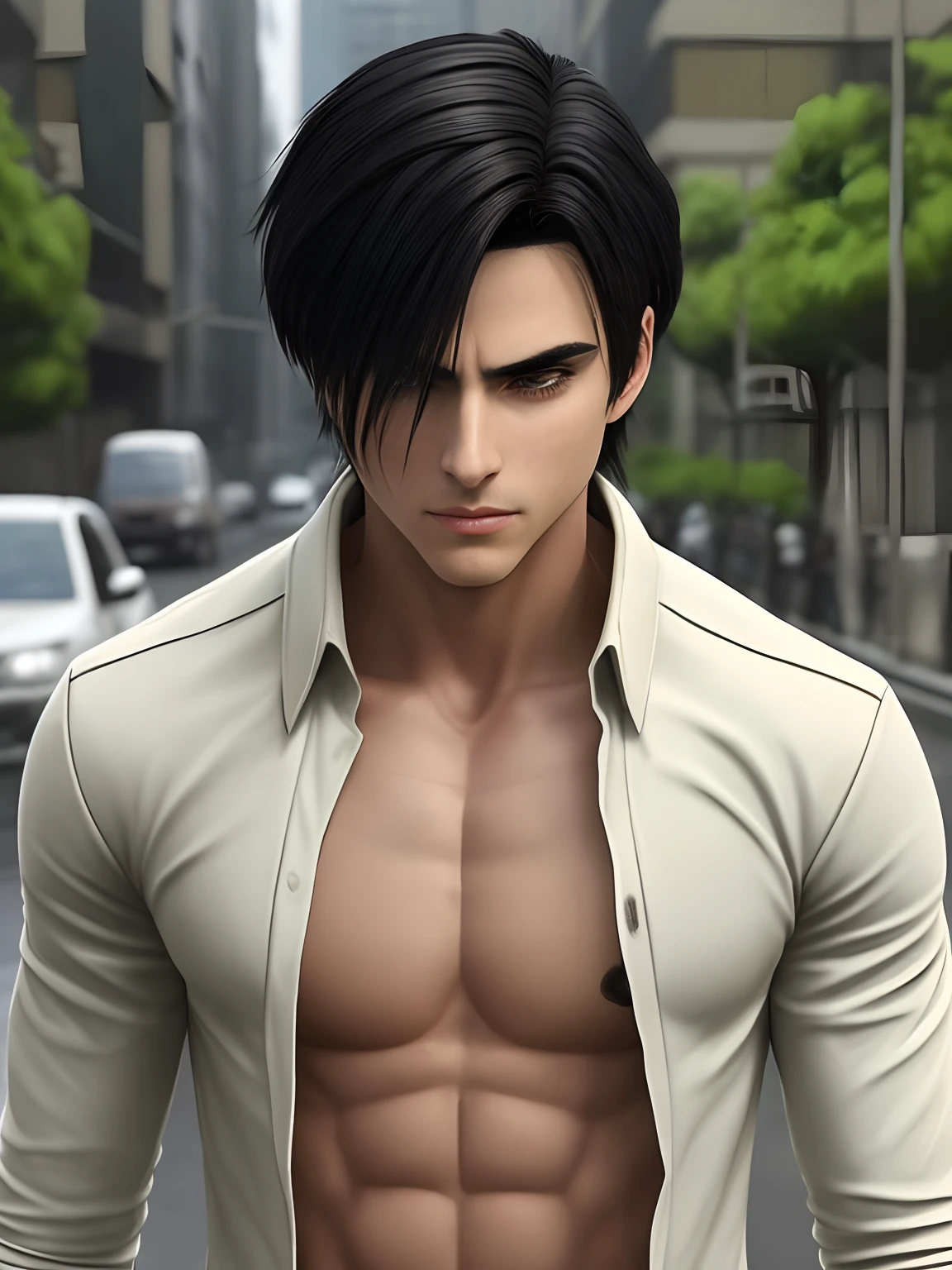 Masculino, cabelo longo ate os ombros, face identical to adult eren yeager, roupa terno rasgado, fundo cidade explodindo, Realista, 8K, chuva, sague no rosto, feridas, sangue, destruction