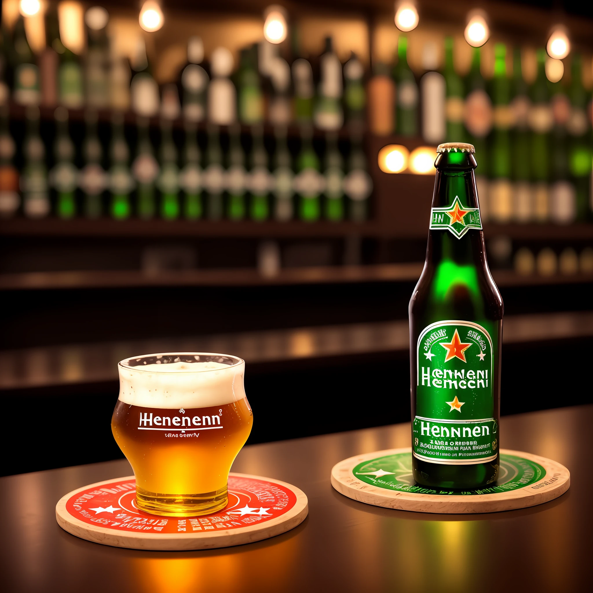 photo realistic image of a glass of beer and a bottle of beer on a round coaster in a bar setting. The glass is a pilsner glass with a white head on it. The label on the glass is a red star with “Heineken” written on it. The bottle is a green Heineken Lager bottle with a red star and “Heineken Premium Quality” written on it. The coaster is round, green in color with a red star and “Heineken” written on it. The background consists of a brick wall and a person walking by. The background consists of diffused lighting. It’s a very beautiful image!