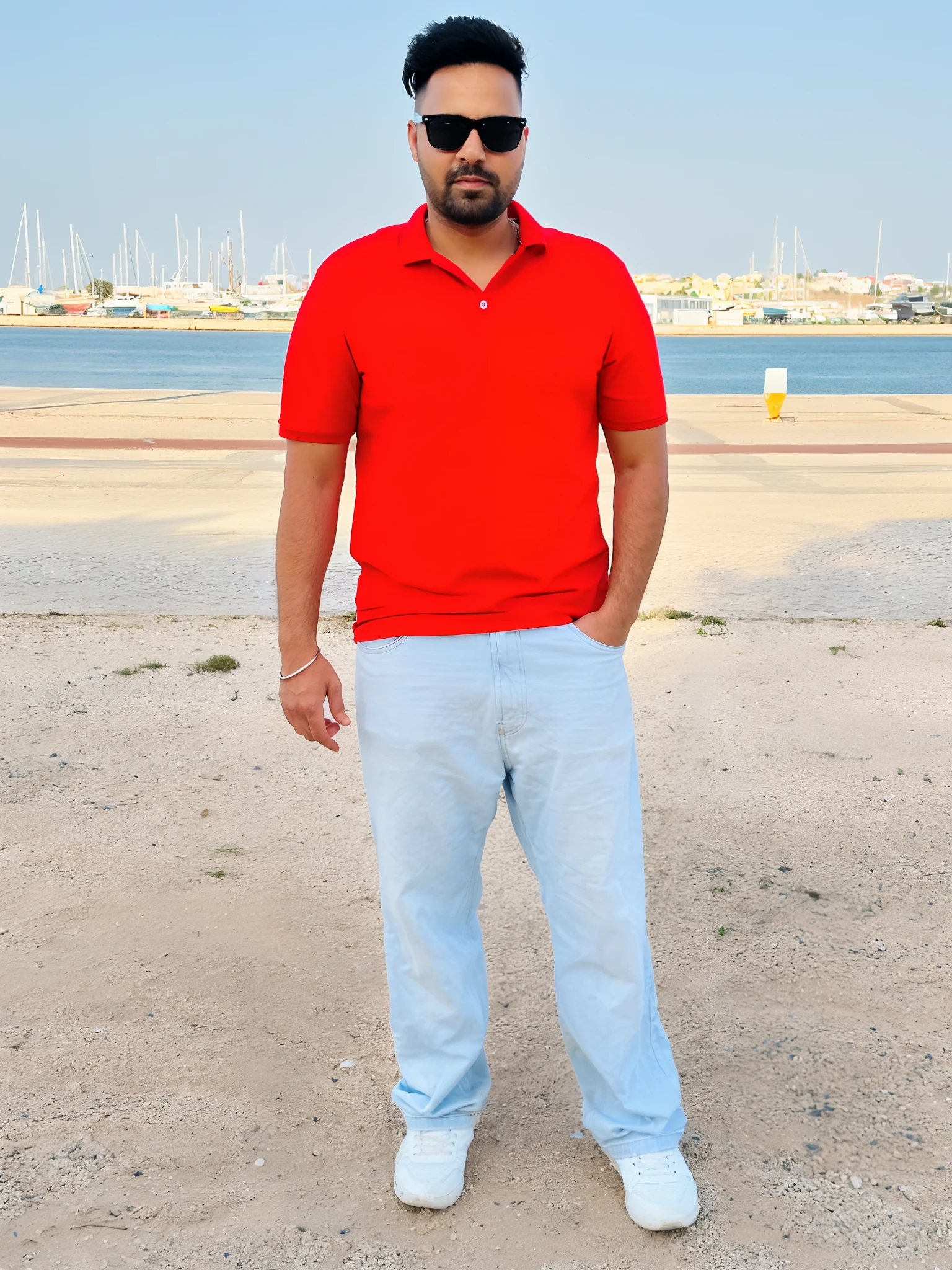 arafed man in red shirt and blue pants standing on beach, full body portrait shot, full body photogenic shot, full body photograph, full body picture, distant full body view, standing at the beach, standing near the beach, full body photgraph, distant full body shot, red t-shirt, standing next to water, standing beside the ocean