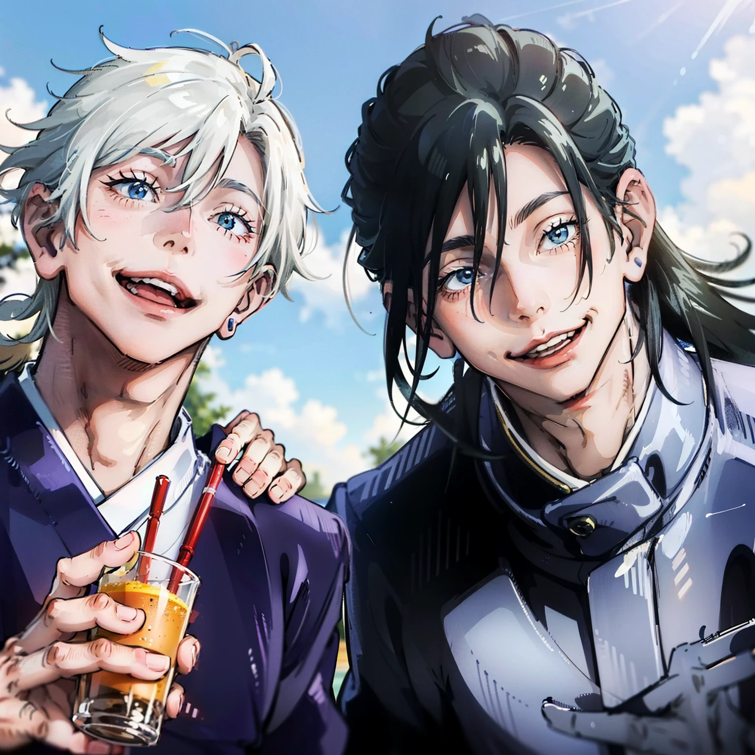 "(2guys) Satoru Gojo and Suguru Geto enjoying a refreshing orange juice by the beautiful beach, Satoru Gojo has short hair and it is a stunning shade of white, his blue eyes are shining, while Suguru Geto sports sleek black hair. They share laughter, detailed, anatomically correct