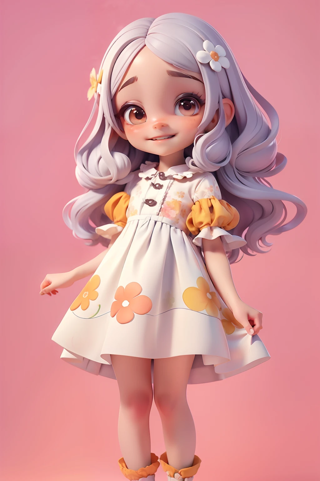 Loli menina, roupa floral em aquarela , menina meiga, olhos delicados, cabelo e roupa laranja e preto, sorriso delicado, fundo simples e branco