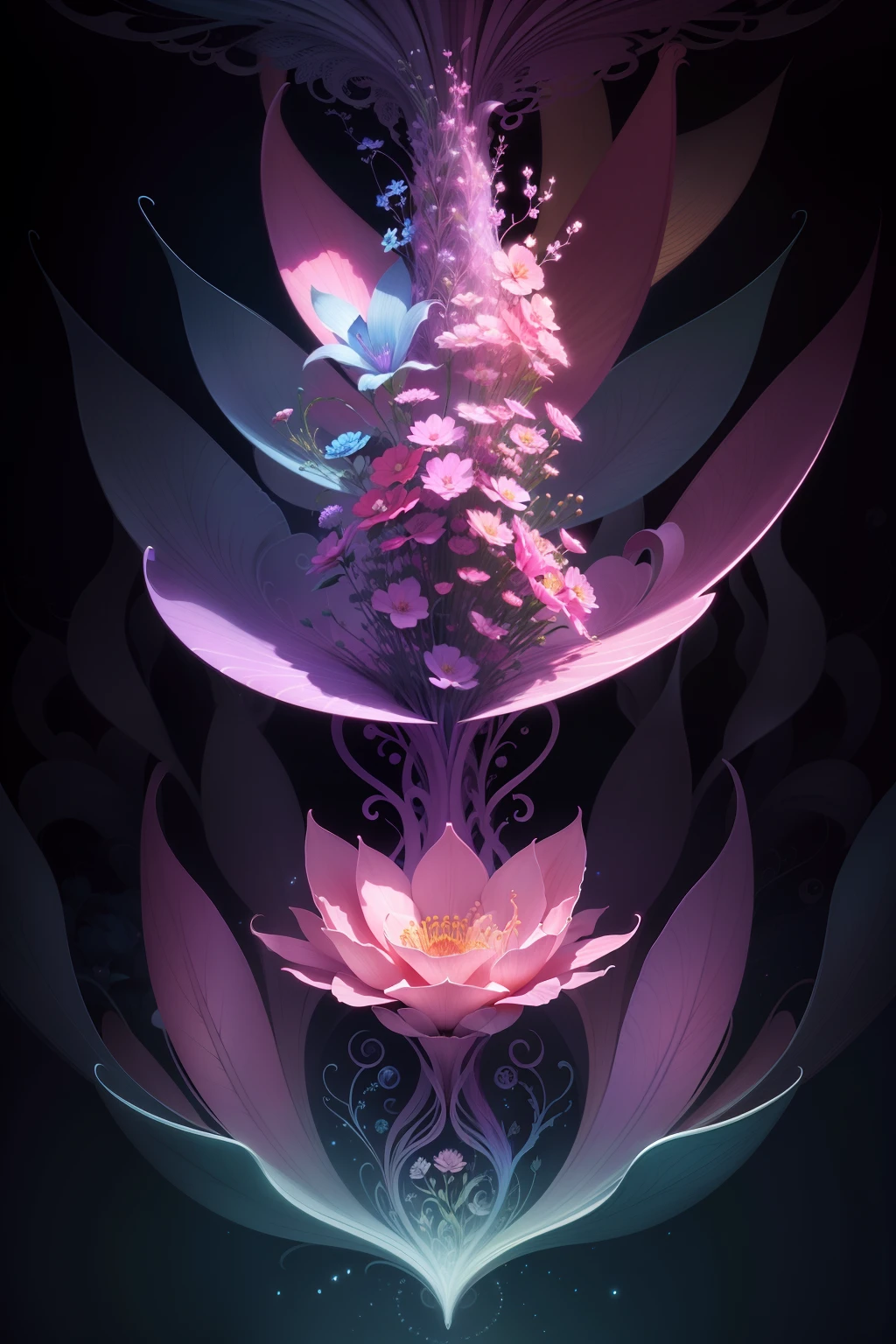 Fantastical Flora": A style that features flowers, but with optical illusions added to their petals, stems, and leaves to create a fantastical, ethereal look. Adjectives: fantastical, ethereal, dreamlike.