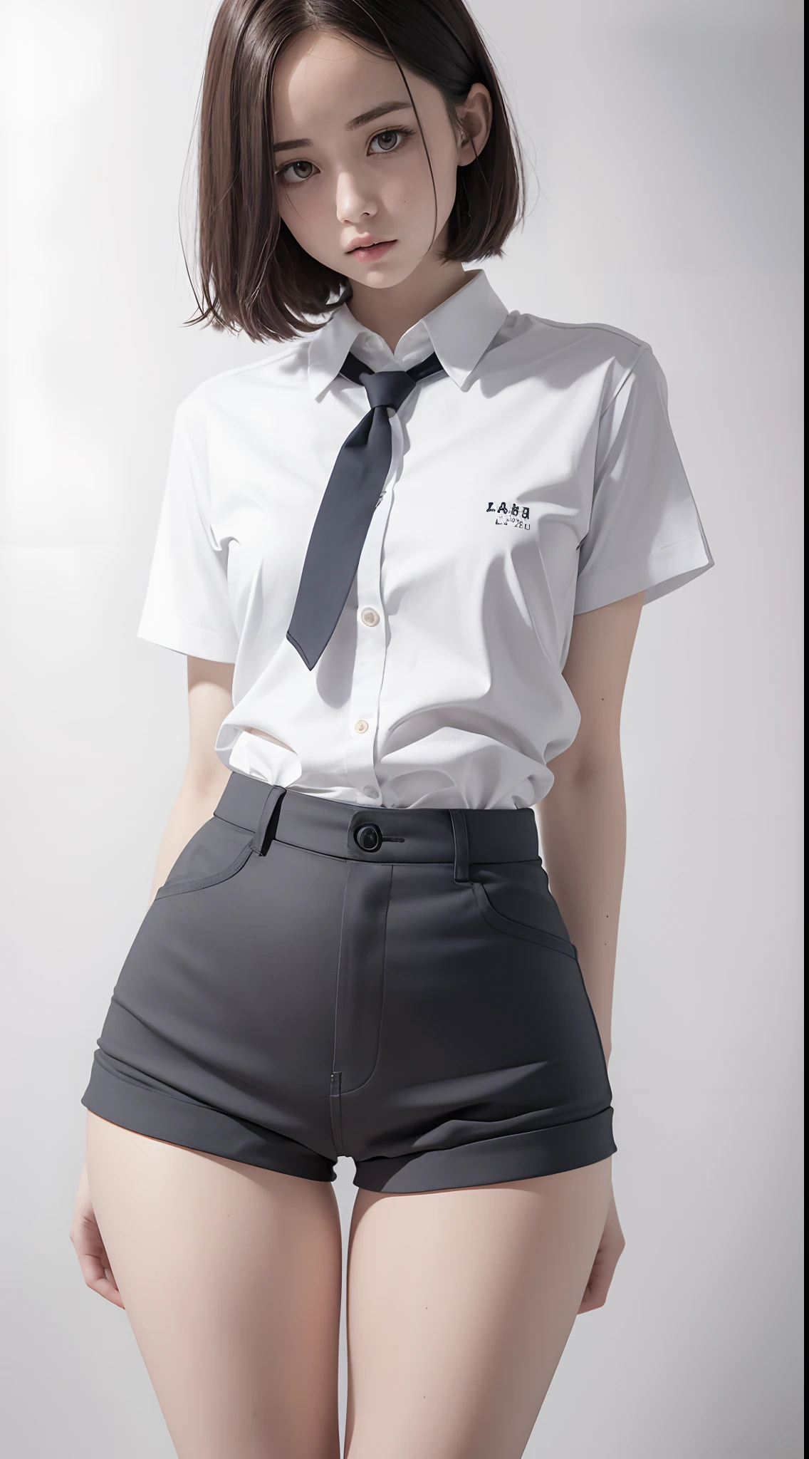 raw photo, dynamic pose, tight school uniform, school shorts, 1girl, pale skin, short messy hair, (small waist), (wide thigh gap:1.2, wide thighs:1.2), white background, masterpiece
