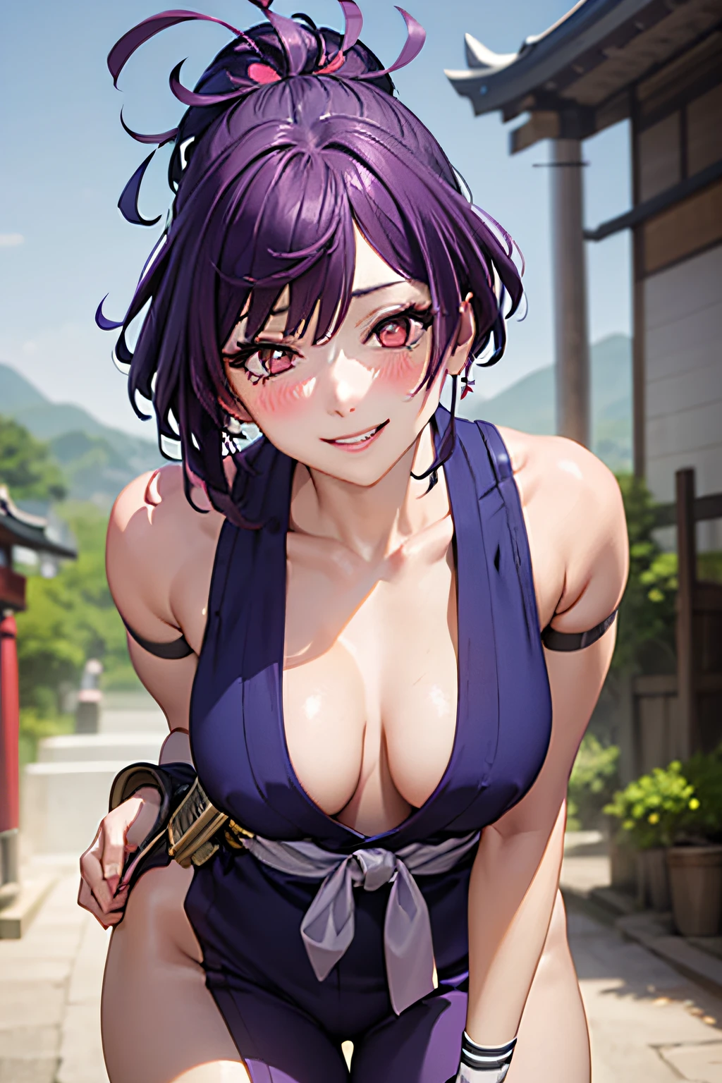 best quality, masterpiece, (leaning over:1.2), 
1girl, yuzuriha_(jigokuraku), purple hair, brown eyes, ninja, open clothes, cleavage, small breasts, topknot, medium hair, breasts apart, seductive smile, (blush:1.1),  japanese exterior, temple, sengoku period town, town,