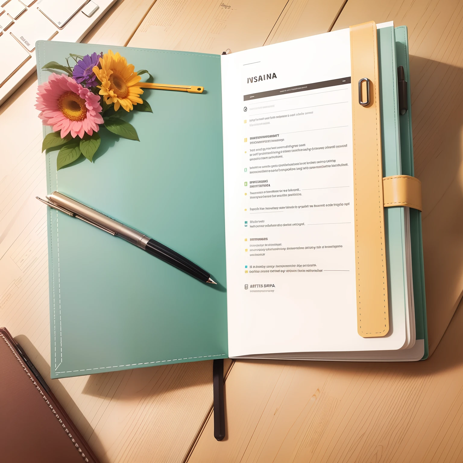 Behave like professional design and make a mockup of agenda with wire-o. O layout da capa segue flores delicadas cores harmonicamente combinando com uma escrivaninha moderna com itens de papelaria.