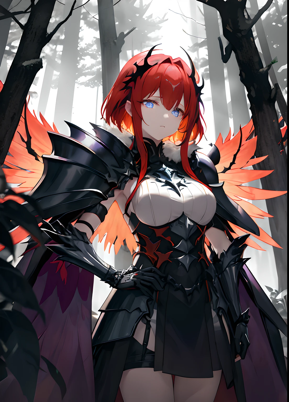 Dimly lit forest clearing: Surtr from Arknights with bright red hair and purple pupils, clad in worn-out heavy metal armor. Beside her, a short-haired blonde in angelic armor reminiscent of Angewomon, with sorrowful blue eyes and drooping rainbow wings. Overcast ambiance.