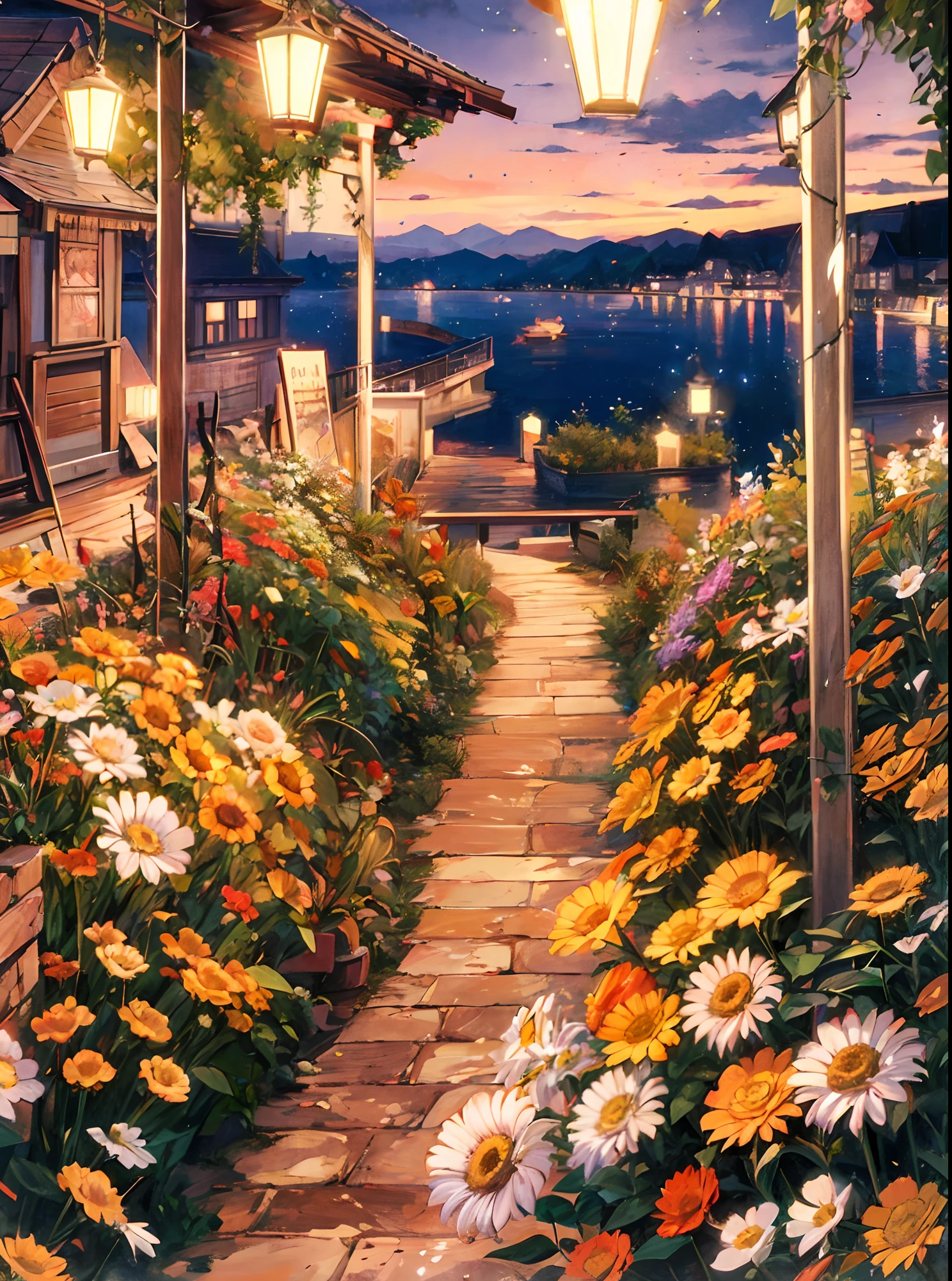 painting of a pathway with flowers and lights leading to a house, beautiful aesthetic art, anime background art, scenery wallpaper aesthetic, anime scenery, anime aesthetic, beautiful anime scene, scenery artwork, dreamy and detailed, scenery art detailed, detailed scenery —width 672, an aesthetic field of flowers, beautiful anime scenery, anime background, beautiful and aesthetic, very detailed feel