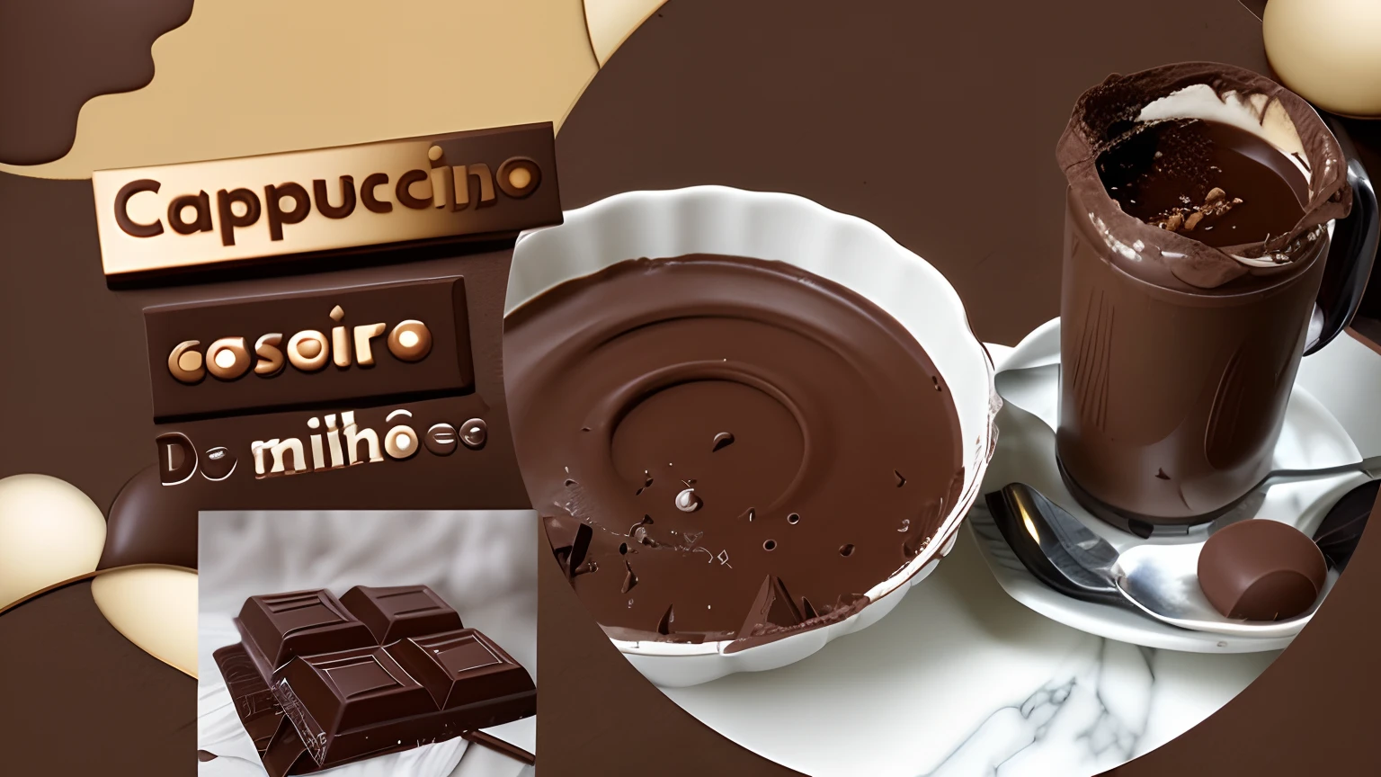 There is a chocolate collage and a chocolate drink;, Charioscuro, Vitorugo, Chiaoscuro, inspired by Antônio Parreiras, um pouco de molho de chocolate, Directed by: Olivia Peguero, chocolate, Miniatura do YouTube, calda de chocolate, Carmelo Blandino, cappuccino, Chiascuro, cobertura de chocolate, sachucci 9 5