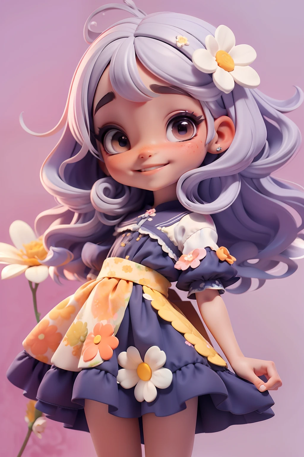 meniupa floral em aquarela , menina meihos delicados, cabelo e roupa laranja e preto, sorriso delicado, fundo simples e branco