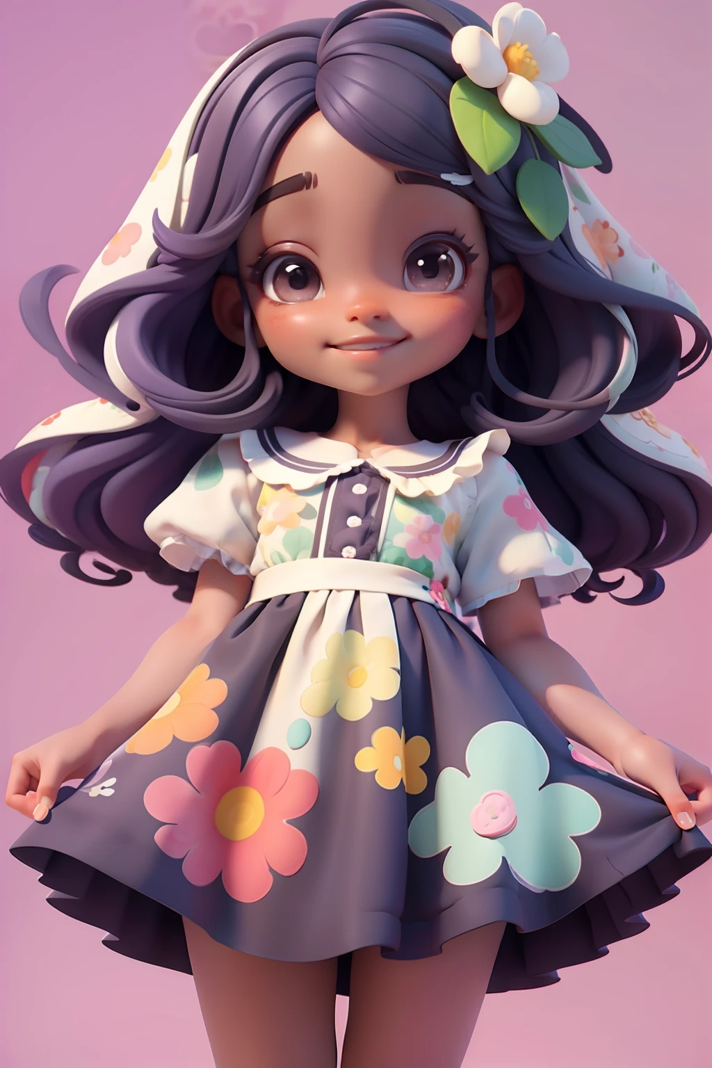 Loli menina negra, roupa floral em aquarela , menina meiga, olhos delicados, cabelo e roupa multicolorido, sorriso delicado, fundo simples e branco
