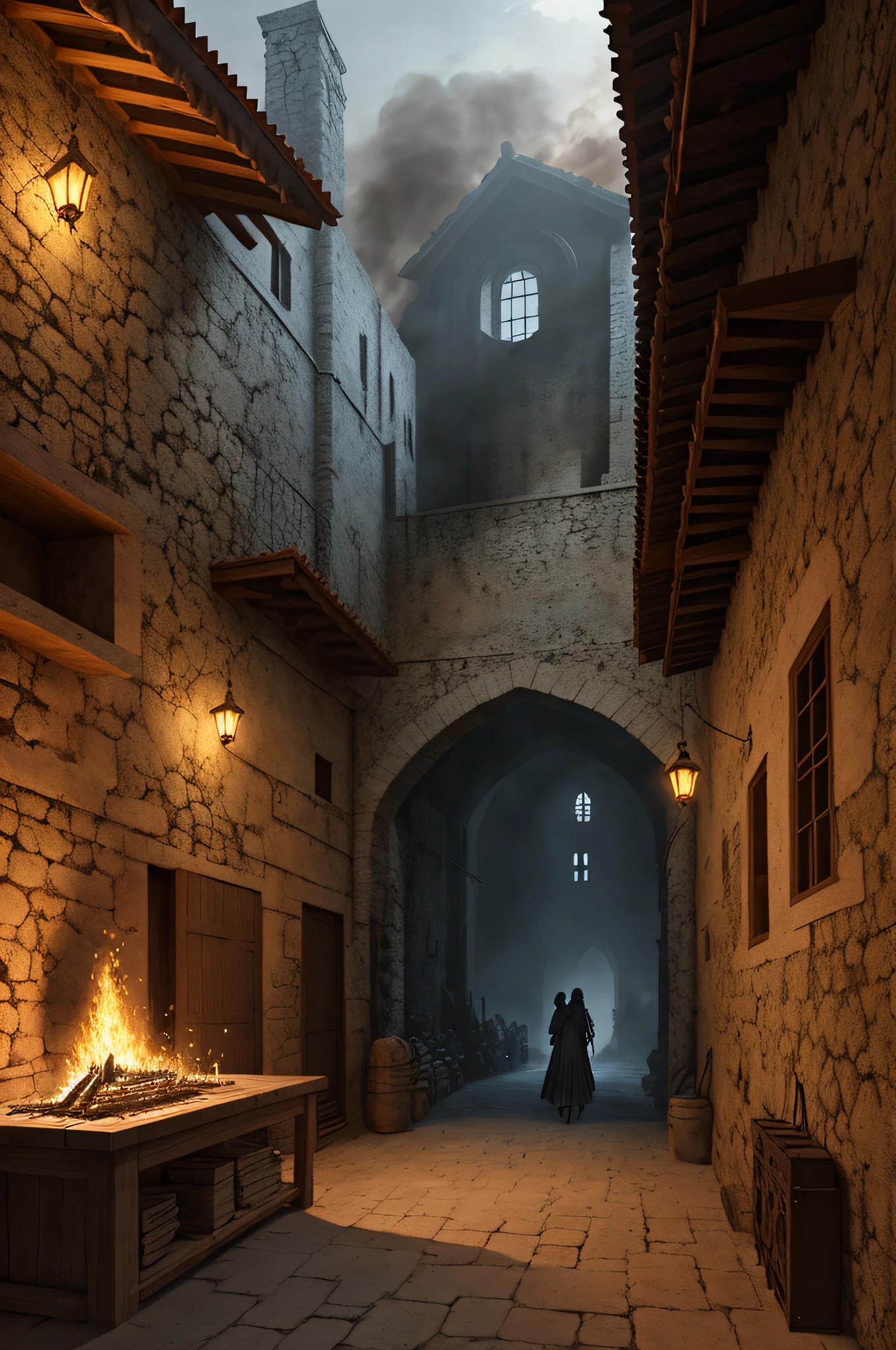 There is a hall with a forge with fire and anvil, arte conceitual escura fotorrealista, arte conceitual altamente realista, Fantasy Blacksmith Lab, dramatic lighting. arte conceitual, ferraria, Directed by: Ni Yuanlu, local de trabalho, Ferreiro, concept art illustration, Ferreiro, fundo da oficina. ferro, fogo, Charcoal. Local aberto, town square.