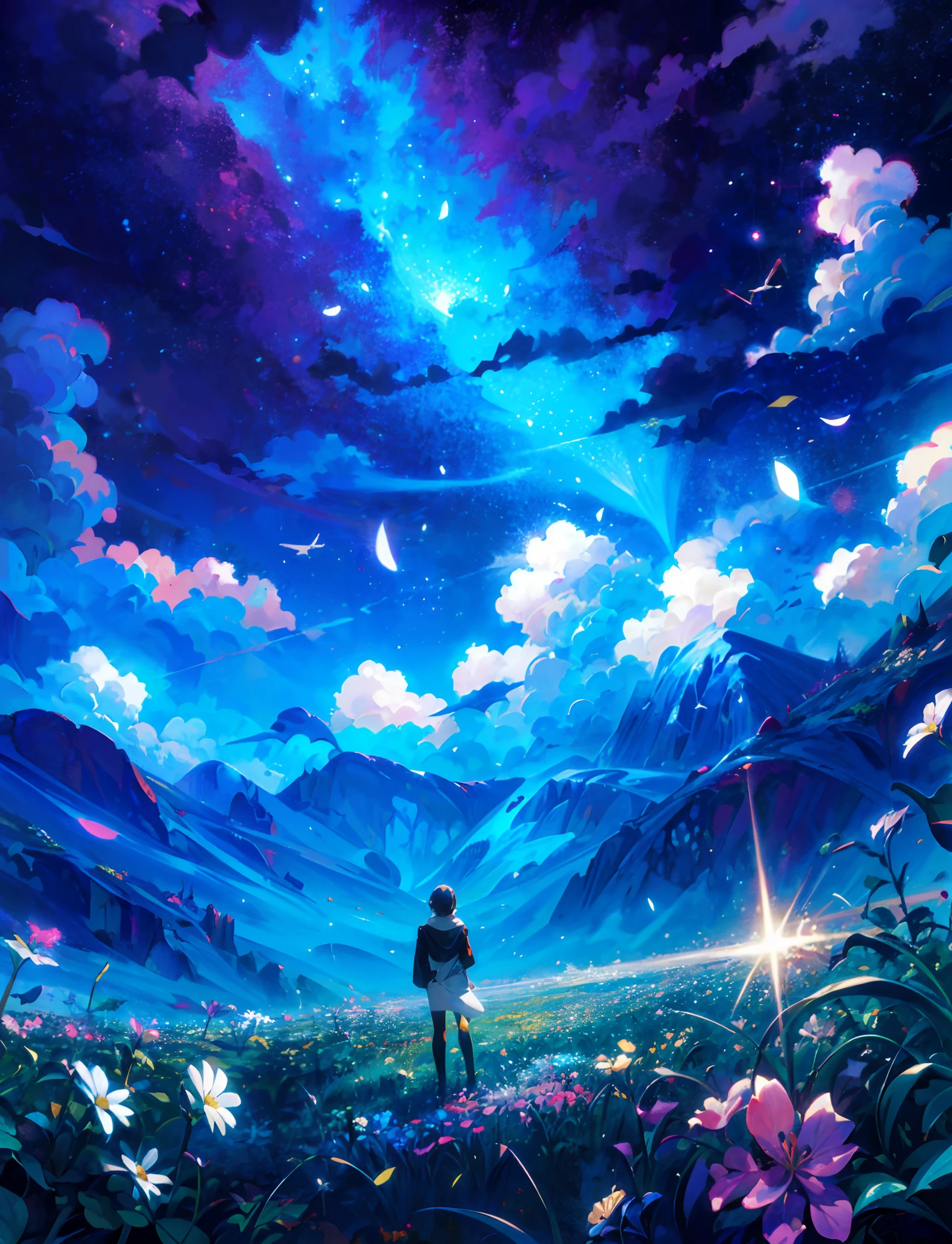 anime scenery with a person standing in a field of flowers, anime art wallpaper 4k, anime art wallpaper 4 k, anime art wallpaper 8 k, 4k anime wallpaper, anime wallpaper 4k, anime wallpaper 4 k, anime landscape wallpaper, anime background art, amazing wallpaper, anime background, anime beautiful peace scene, makoto shinkai cyril rolando