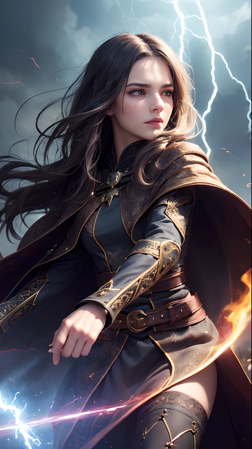 (skindentation:1.5), Realistic, Photorealistic, (masterpiece:1.5), concept art, intricate details, highly detailed, photorealistic, octane render, 8k, unreal engine, dynamic pose, best quality, highres, (realistic face:1.1), (hyperrealistic:1.1), ((full_body)), perfect eyes,(shiny skin:1.2), (((hairstyle))), (((perfect hands))), (extremely detailed background), ((dynamic background)), ((lightning)), (light rays), ((1girl)), wearing cloak, (((flowing cloak))), ((detailed eyes, high quality eyes, high quality face)), (extremely intricate robes, magical robes), short hair, casting lightning, electricity, swirling fire, radiating power, sparks, smoke, magic, ((dramatic)), epic, battlefield, depth of field, bokeh, 4k, gothic, ember, particles
