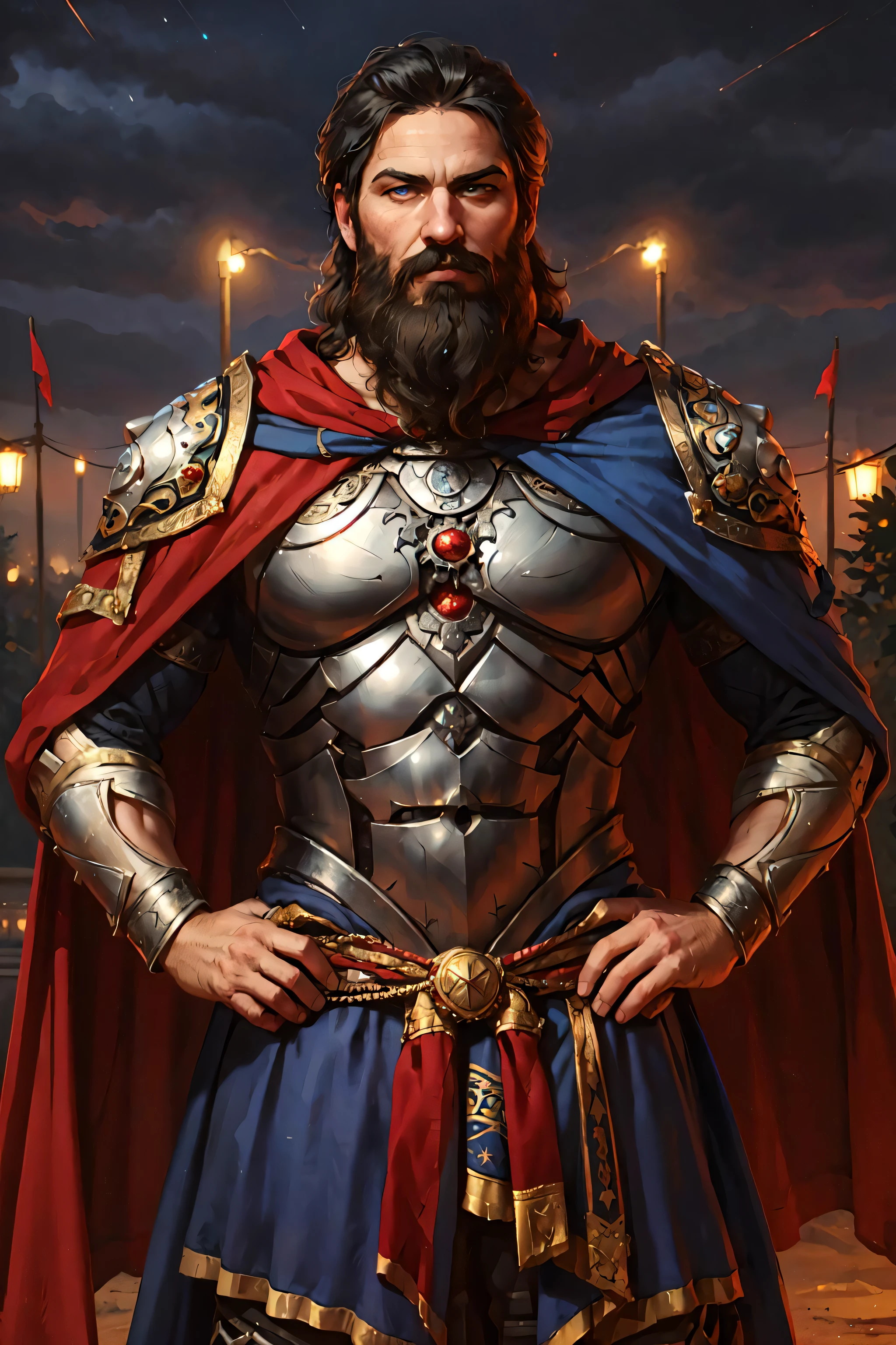 1boy, athletic male in ornate heavy armor, black hair, multicolored beard, blue eyes, red cape, hands on hips, night, realistic
