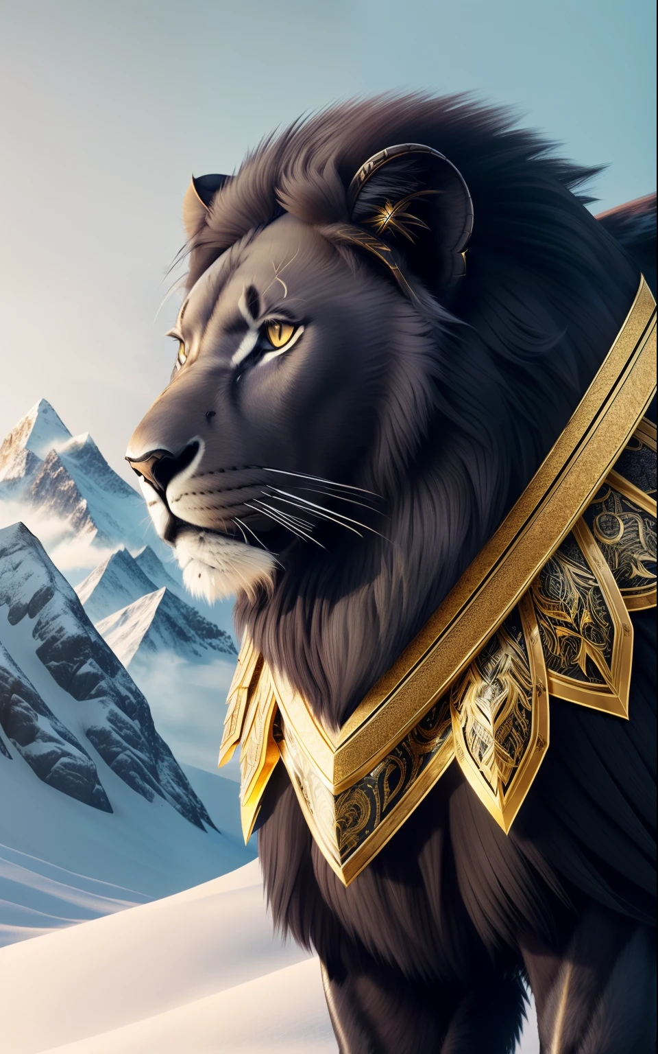 snowy mountains, (black lion:1.2), (golden lion armor:1.1), incredible detail, highly detailed, composition, ultra-detailed, film photography, light leaks, trending on artstation, sharp focus, studio photo, intricate details, highly detailed, trending on artstation, sharp focus, studio photo, intricate details, highly detailed,