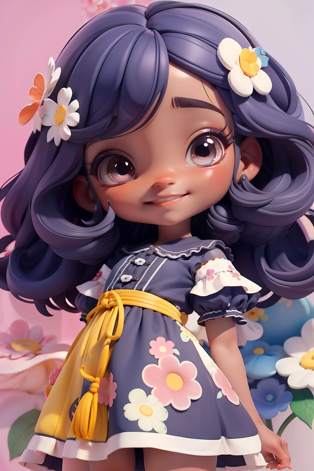 Loli menina negra, roupa floral em aquarela , menina meiga, olhos delicados, cabelo e roupa multicolorido, sorriso delicado, fundo simples e branco