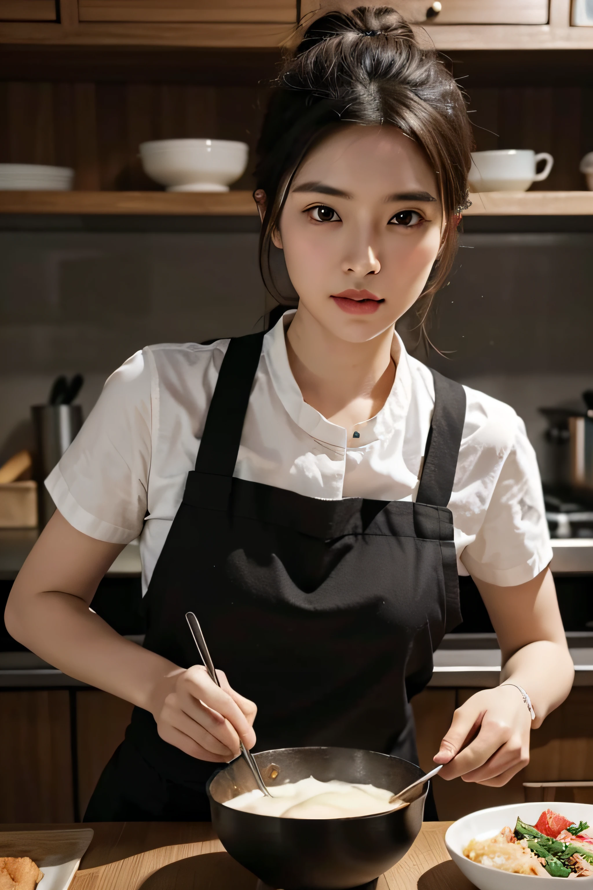1girl,luz suave, mulher no avental apontando para a comida em um prato em uma cozinha, g estilo de arte liuliano, cooky, cozinhando-o, inspirado em Chen Lu, cooking show, inspirado em Yukimasa Ida, inspirado em Feng Zhu, retrato de alta qualidade, Chengwei Pan em ArtStation, yun ling, melhor chef, cozinhado, inspirado em Fenghua Zhong, ultra realista