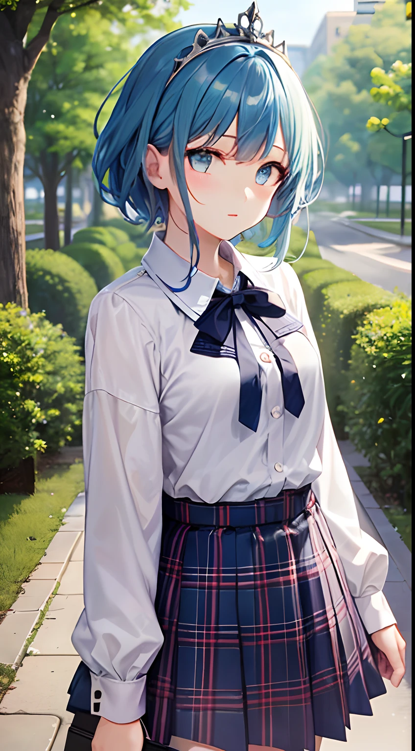 GIRL、(masterwork:1.1)、(Top image quality:1.1)、(White blouse:1.1)、(plaid skirts:1.1)、student clothes、high waist skirt、break[Green grass:pink there、:0.5]theme、(Urban background:1.1)、denim lens、pale blue hair、short、greeneye、delicate tiara、landscapes、