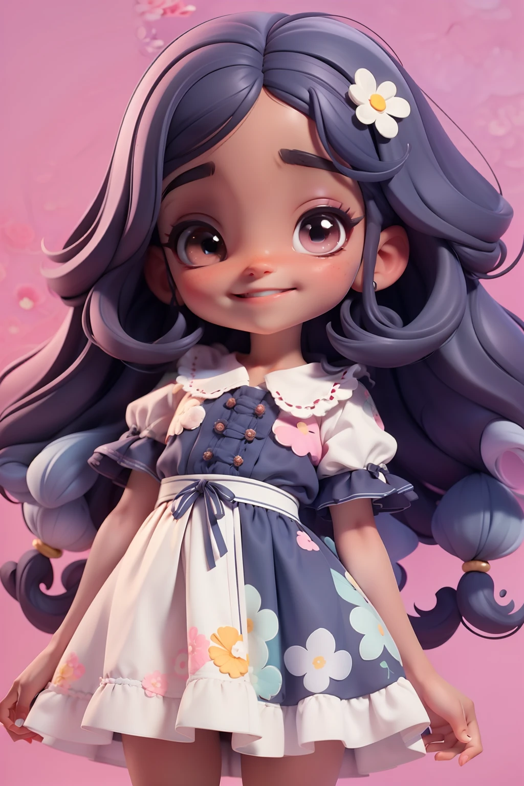 Loli menina negra, roupa floral em aquarela , menina meiga, olhos delicados, cabelo e roupa multicolorido, sorriso delicado, fundo simples e branco