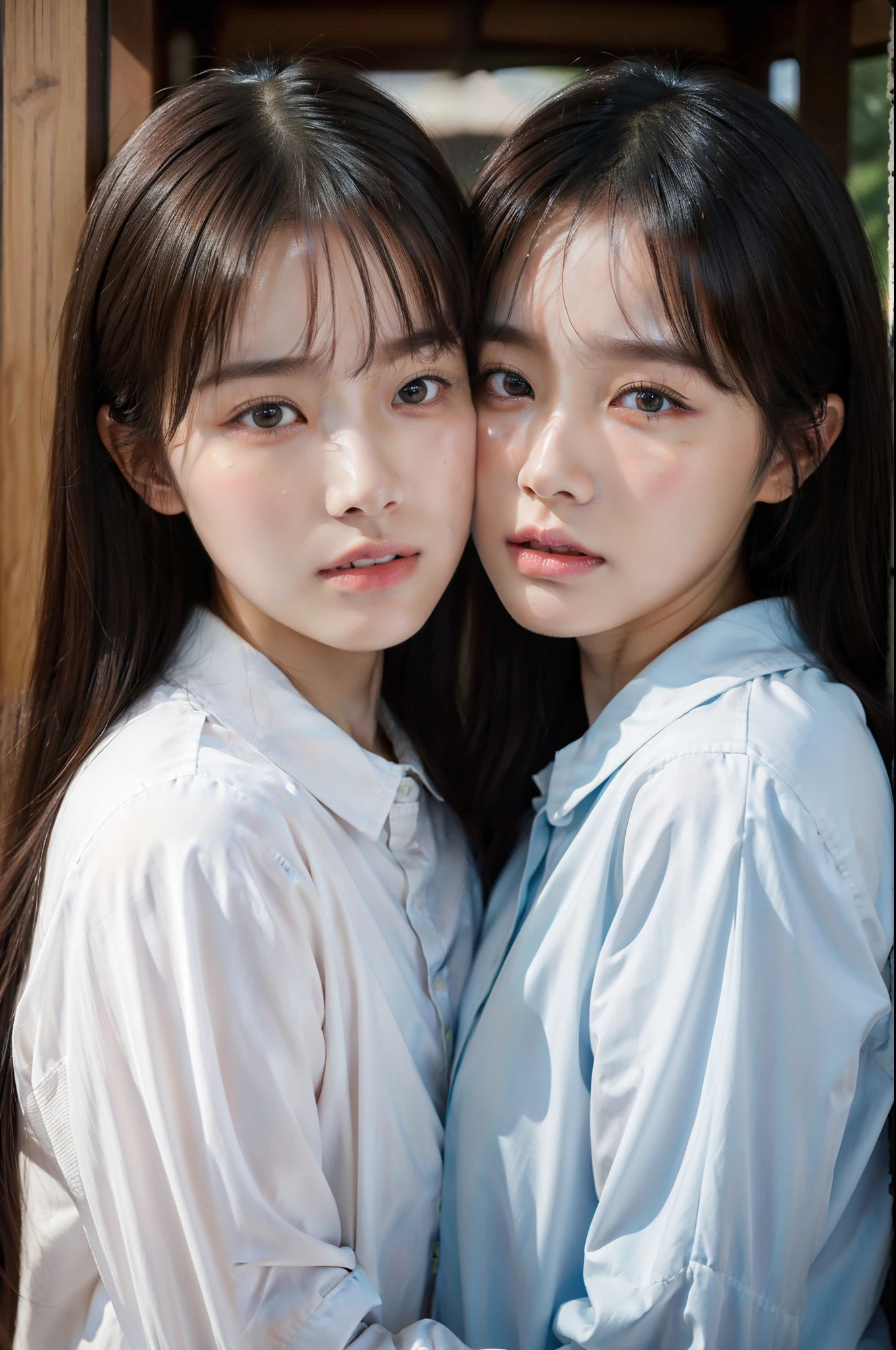 (ultra-realistic), top quality, ultra high definition, identical twin sisters, 16 years old, bangs, crying face, kissing