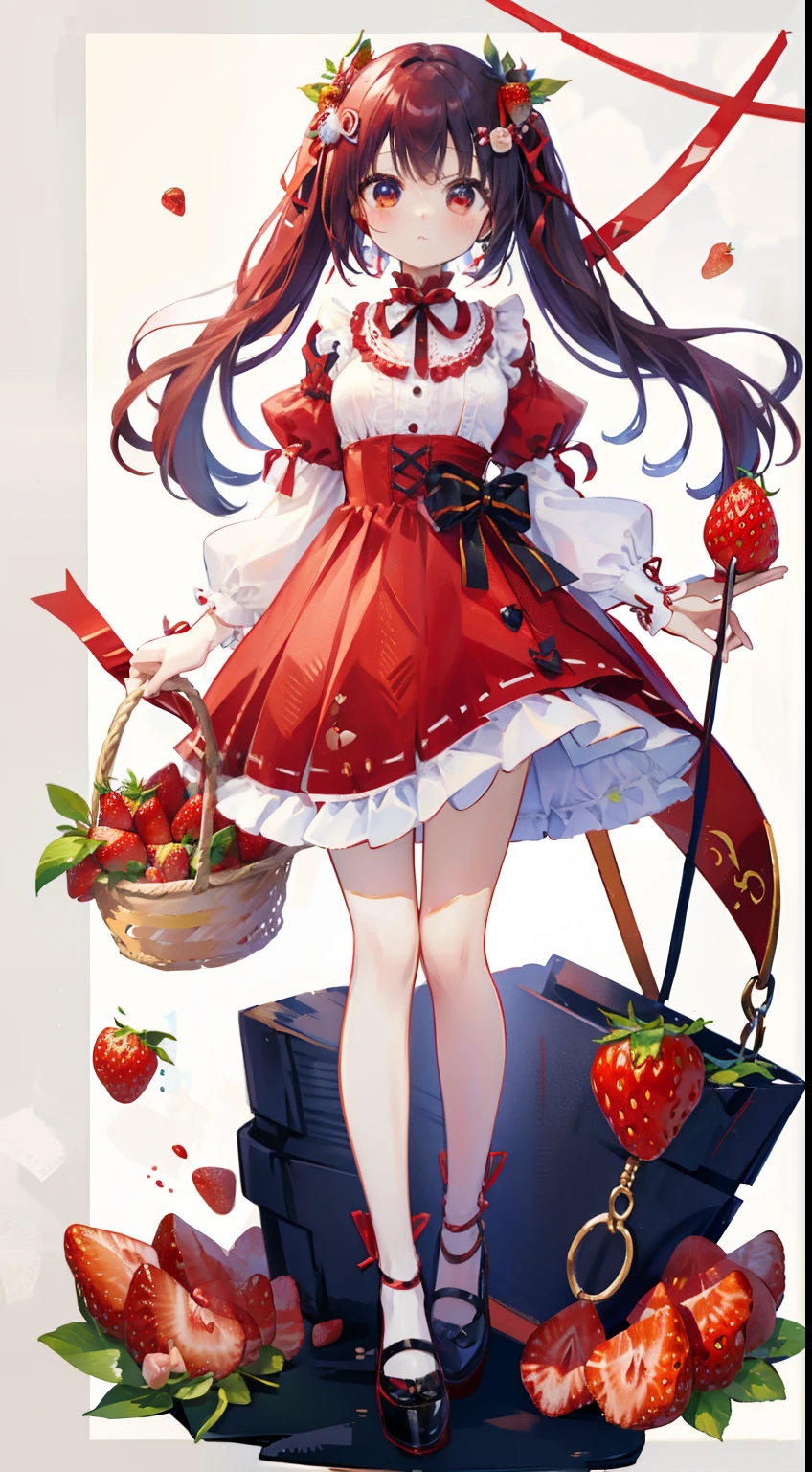 Standing picture、full body Esbian、cute little、​masterpiece、top-quality、Top image quality、Ichigo、Strawberry hair ornament、Basket of strawberries、Strawberry Dresses、Red ribbons