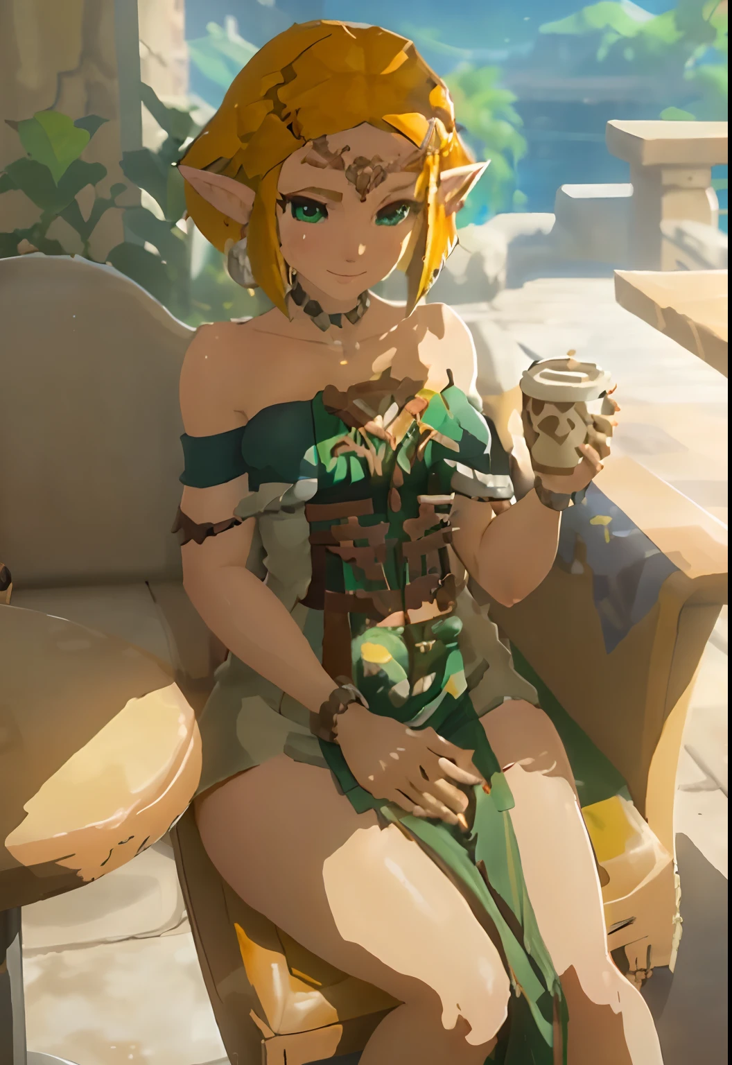zeldatotk,1girl,smile,cel shading,full body in view,green eyes, enjoying a coffee, sitting in the cafe, hot coffee, (((busty))), (((big breast))), cleavage