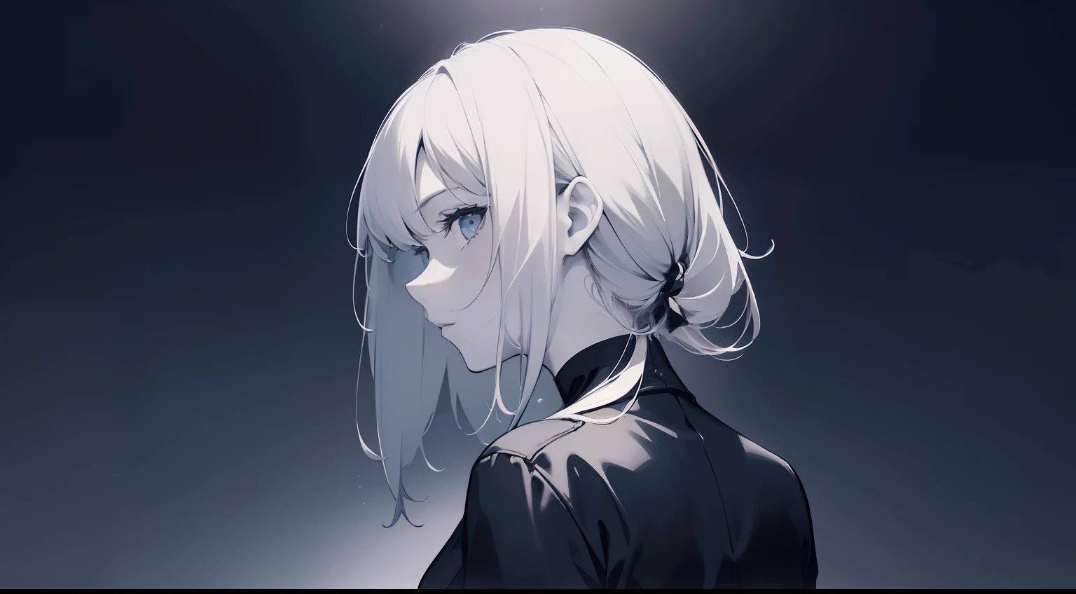 cool lady, upper chest shot, monochrome, black, blue, back ground in black, everyday scenary, from back, looking up, blurred background, simple background