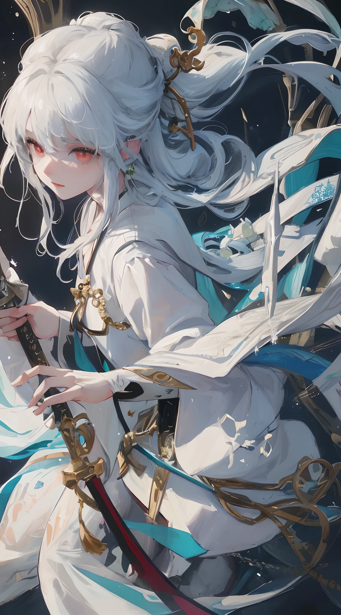 a close up of a woman with a sword in a white dress, a character portrait by Yang J, trending on cgsociety, fantasy art, beautiful character painting, artwork in the style of guweiz, guweiz, white hanfu, flowing white robes, full body wuxia, epic exquisite character art, stunning character art, beautiful female assassin