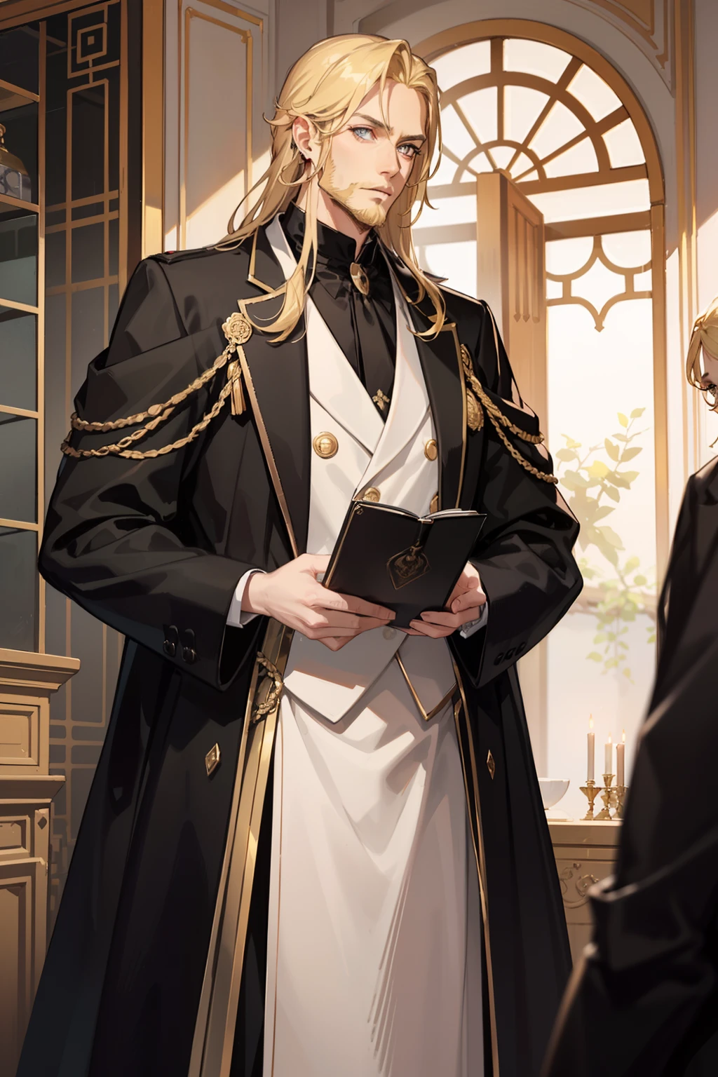 A tall man with short golden-blonde hair down to his ears, grey eyes, wearing black eyeliner, and a black nobleman longcoat. Has a beard.